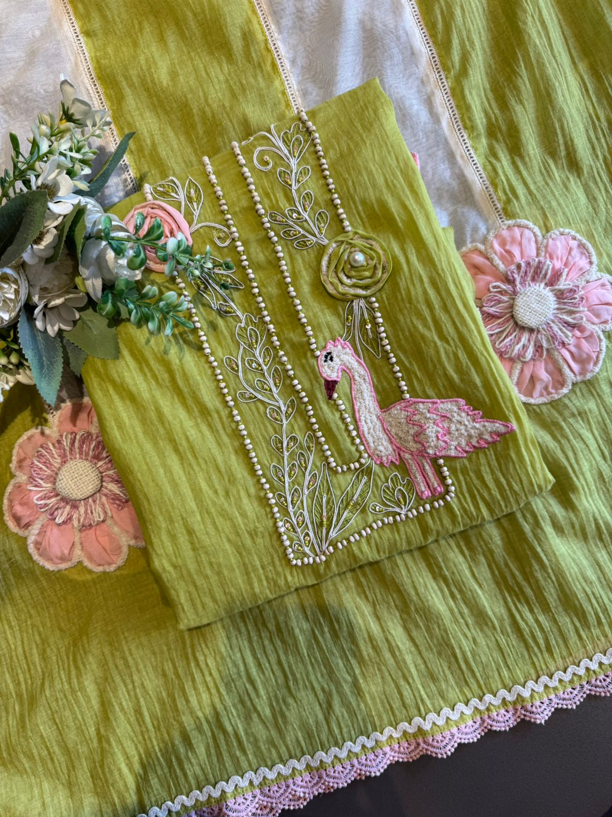 Flamingo Motif Embroidered Kurta Set