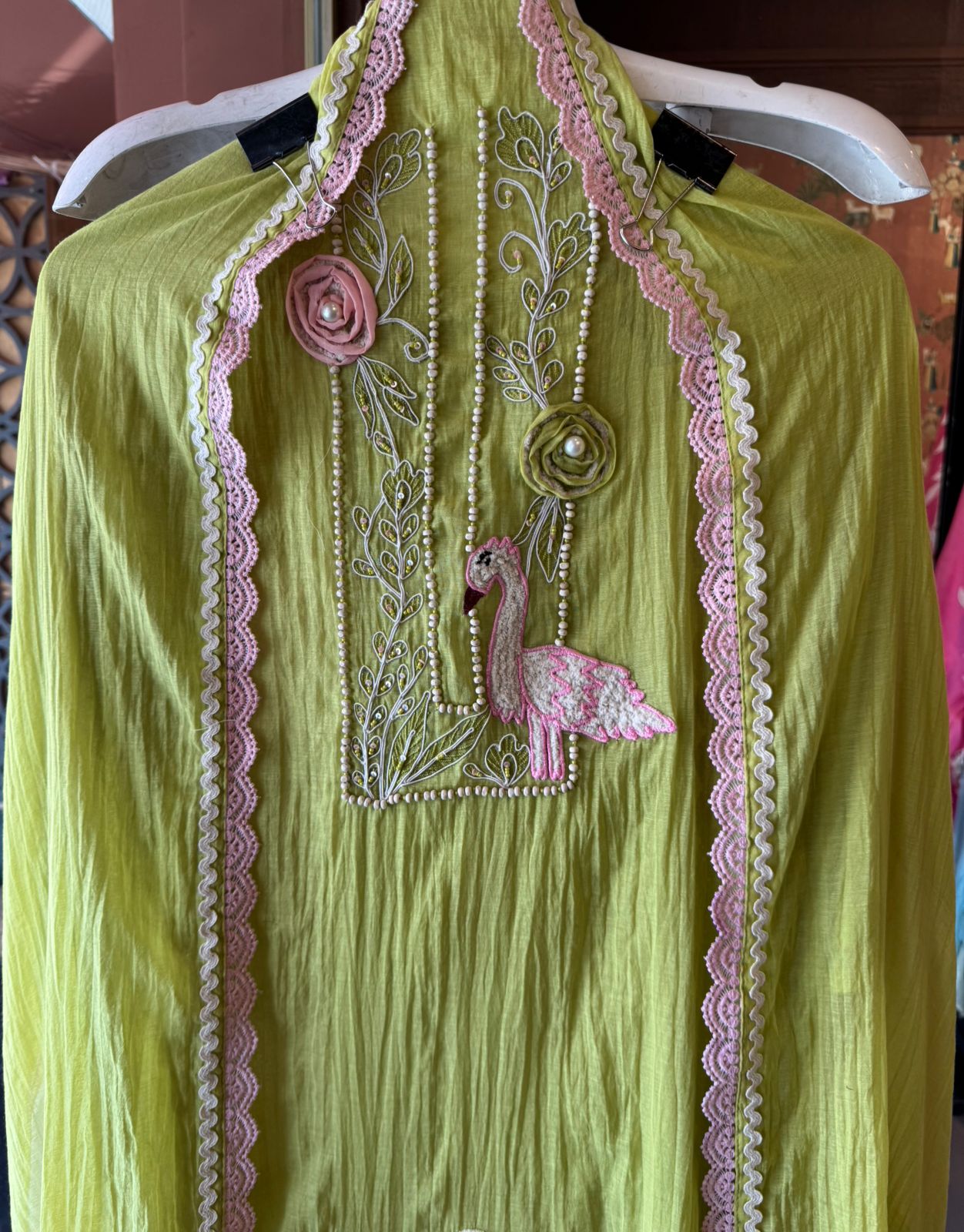 Flamingo Motif Embroidered Kurta Set