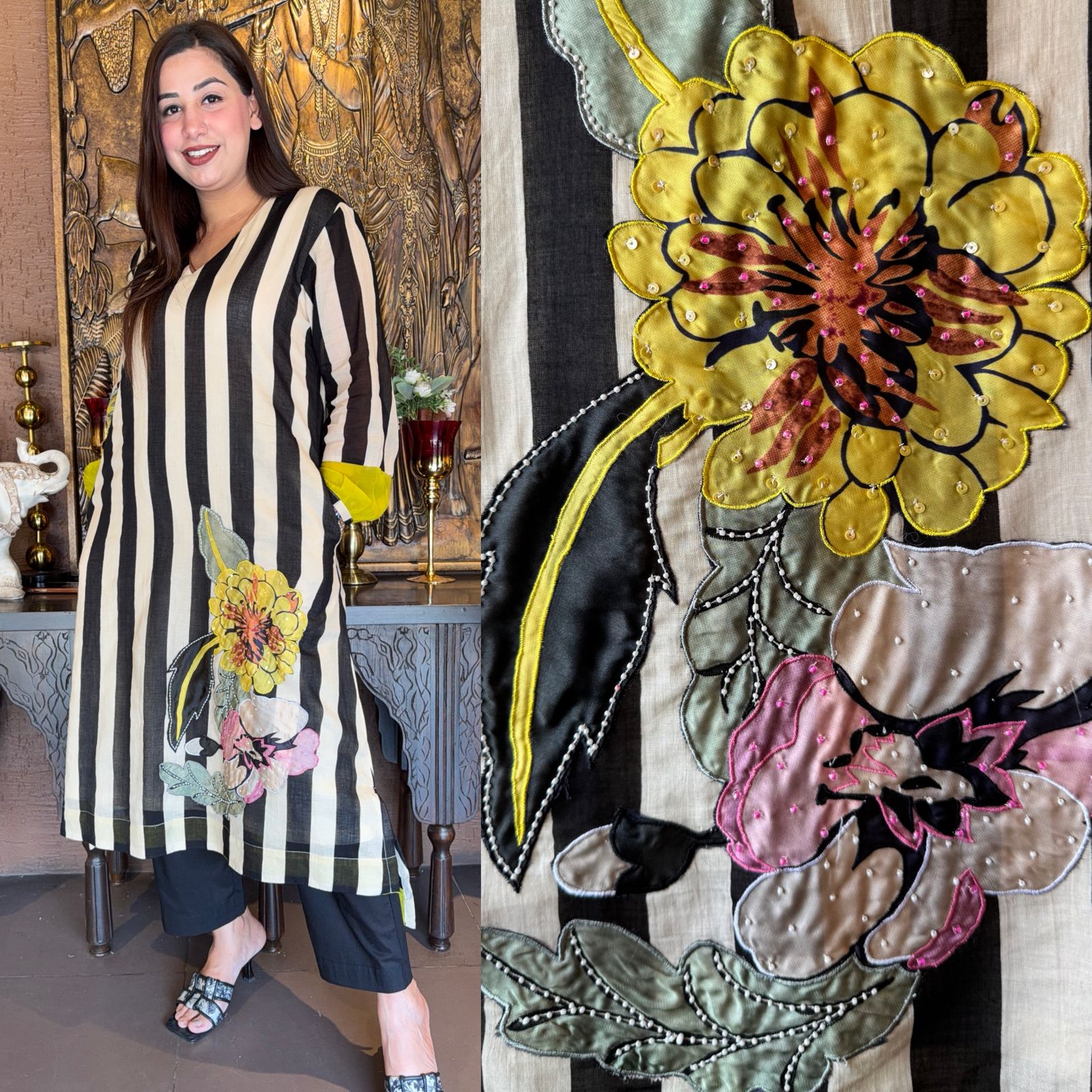 Striped Floral Appliqué Kurta Set