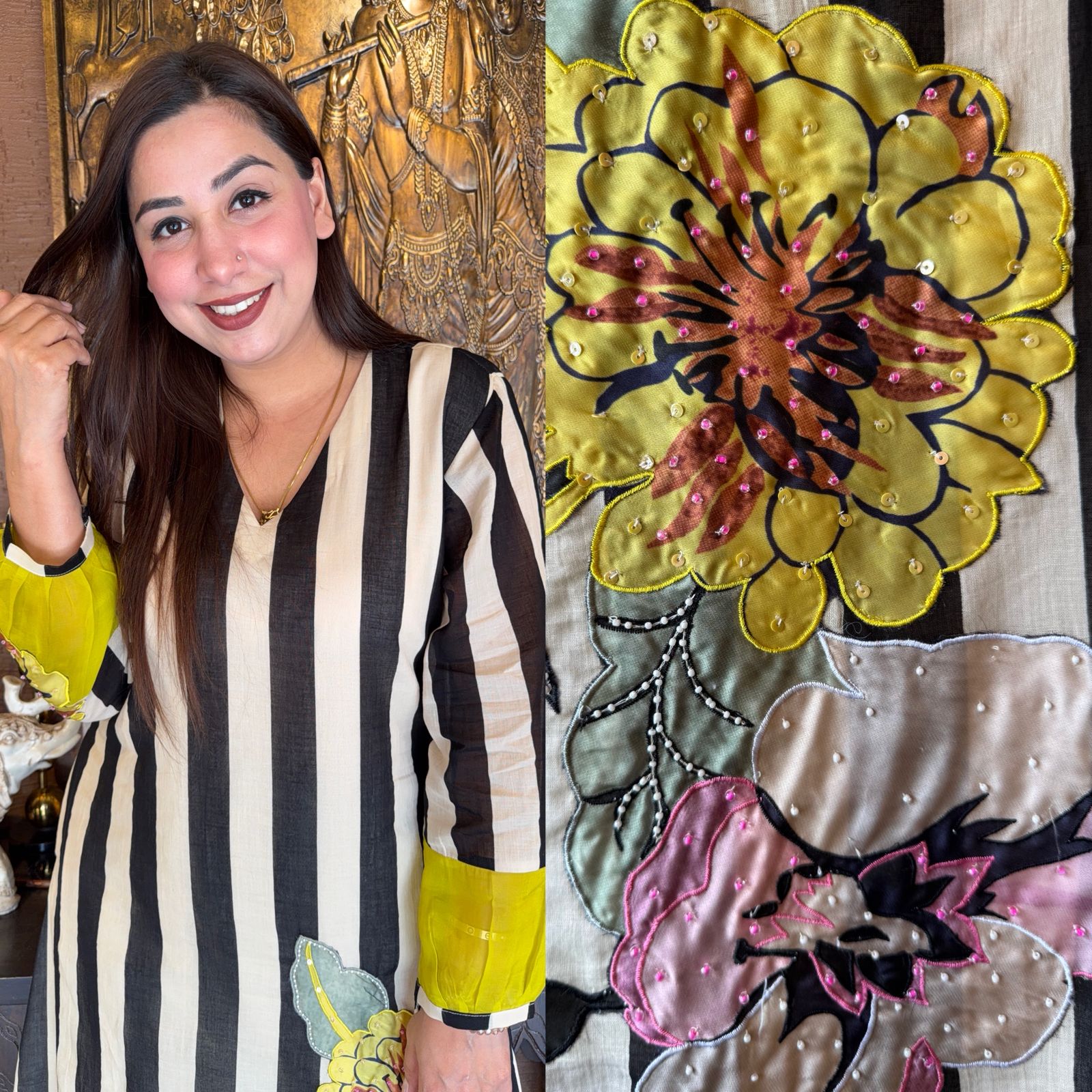 Striped Floral Appliqué Kurta Set