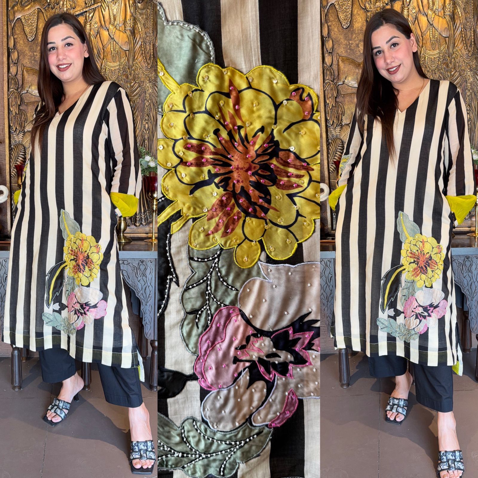Striped Floral Appliqué Kurta Set
