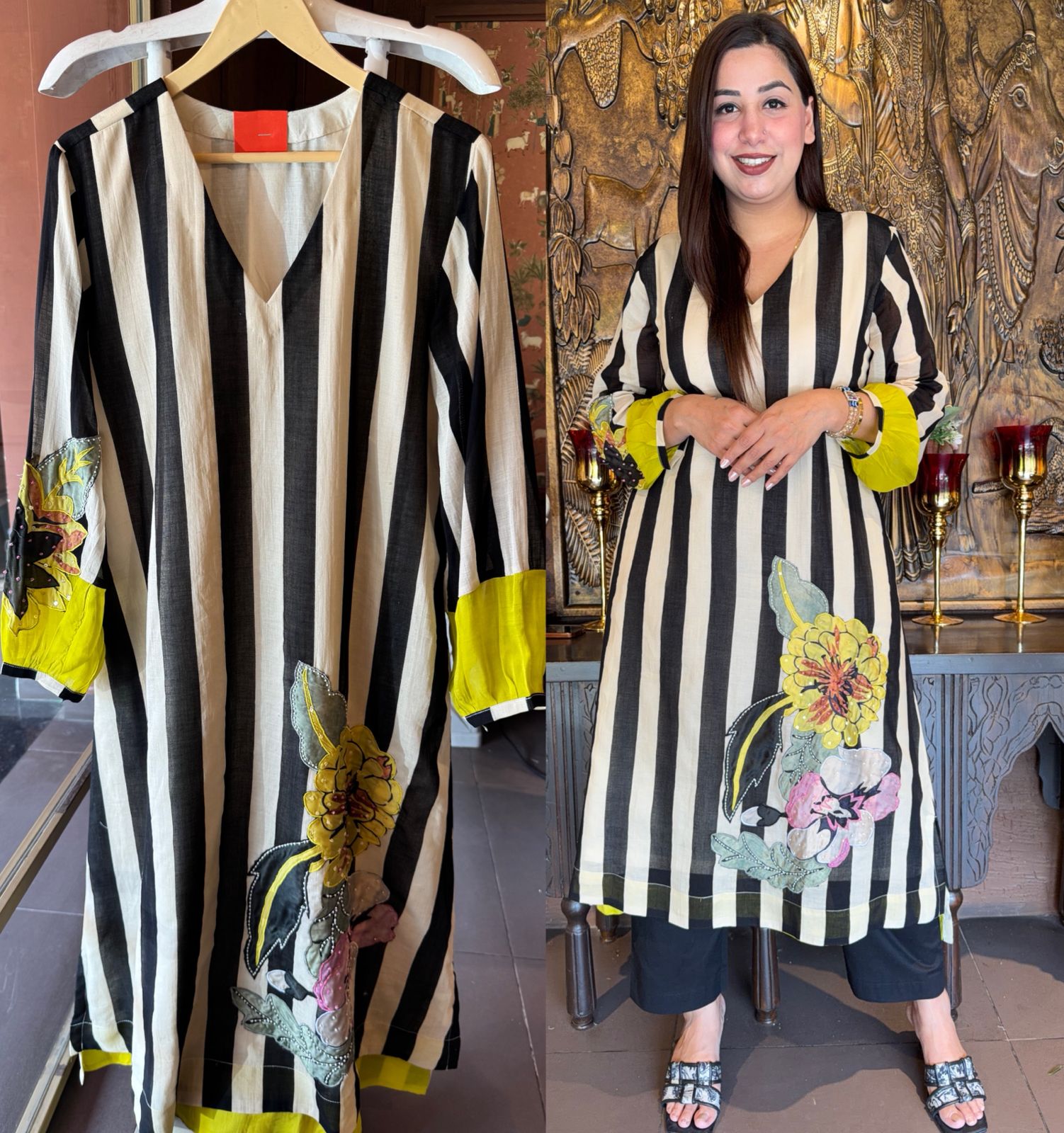 Striped Floral Appliqué Kurta Set