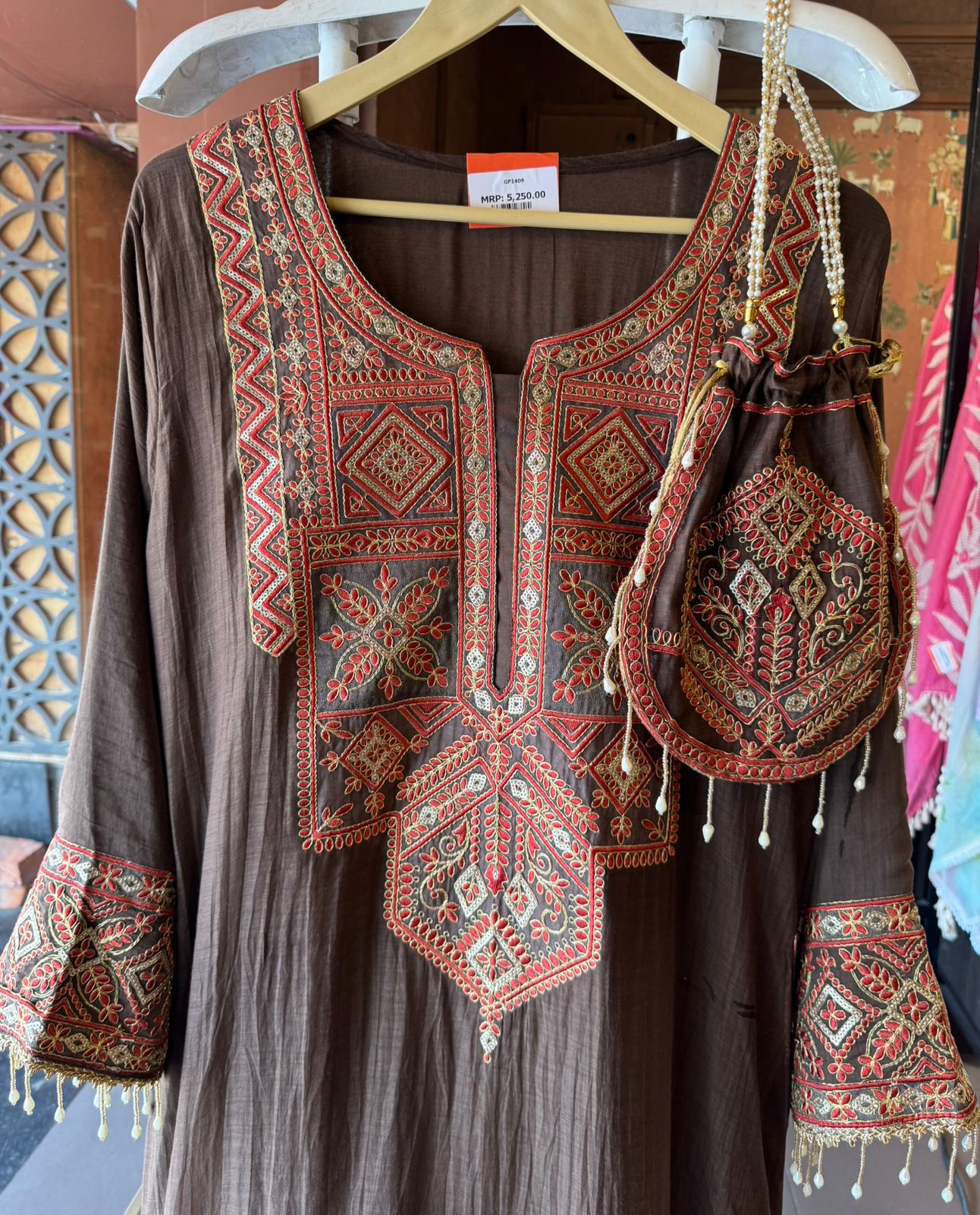 Brown Handwork Mul cotton Long Dress