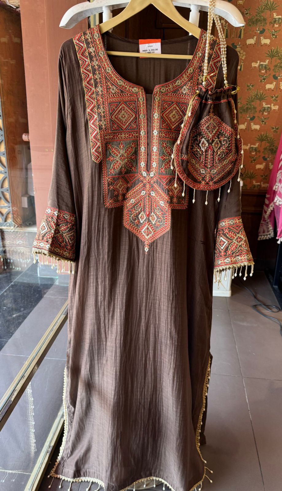 Brown Handwork Mul cotton Long Dress
