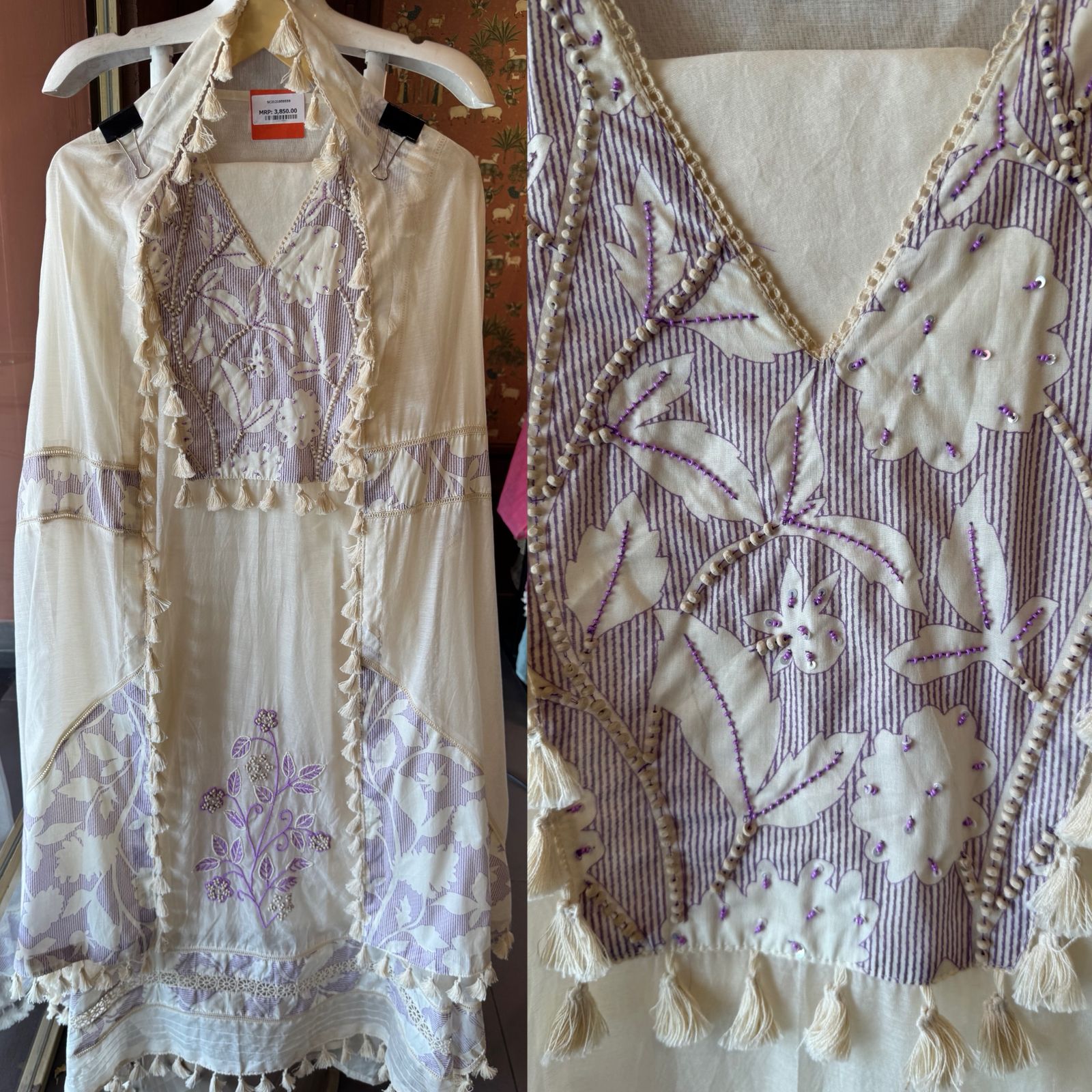 Boho inspired Embroidered Tassel unstitched suit