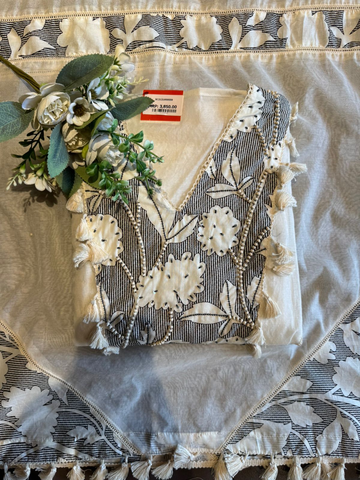 Boho inspired Embroidered Tassel unstitched suit