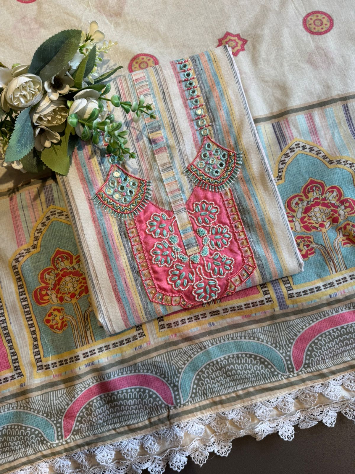 Multicolor Striped Embroidered Kurta