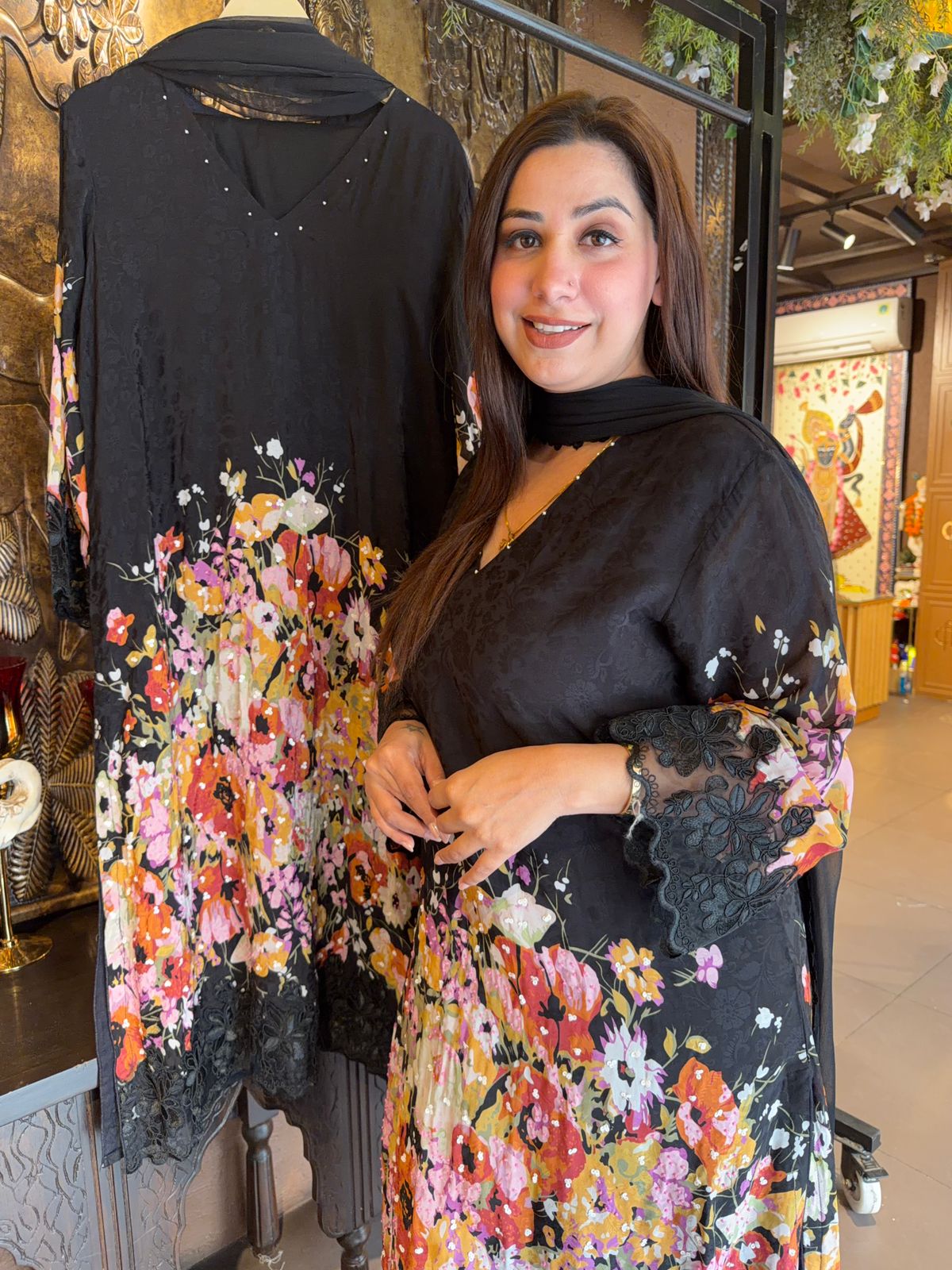 Black Floral Printed Kurta Set