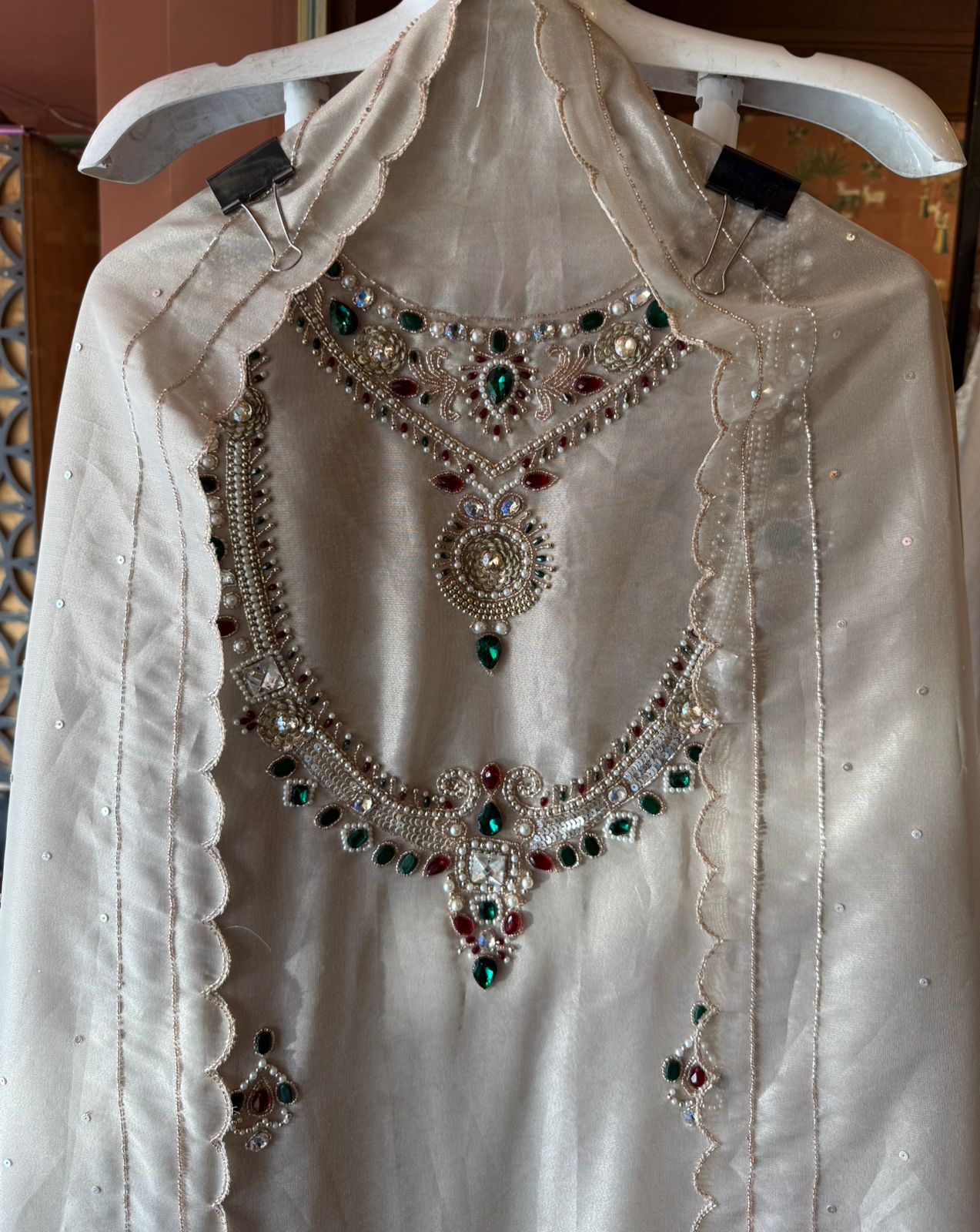 Ivory Hand-Embellished Pearl & Stone Work Kurta Set with Dupatta