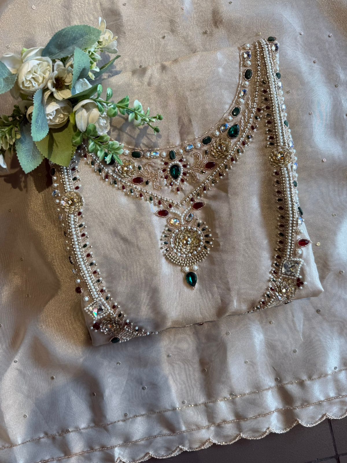 Ivory Hand-Embellished Pearl & Stone Work Kurta Set with Dupatta