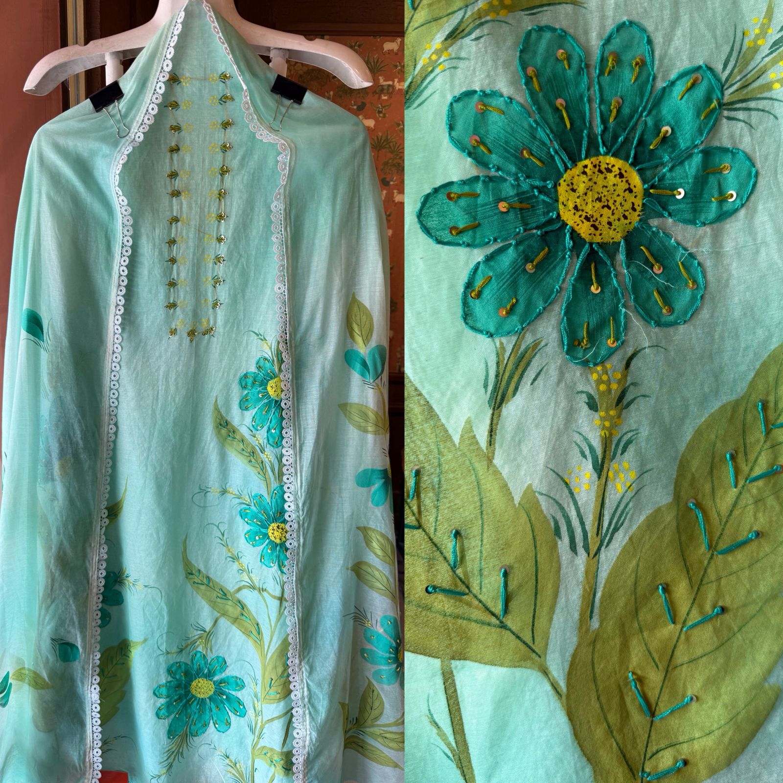 Hand-Painted Floral Mul cotton Suit