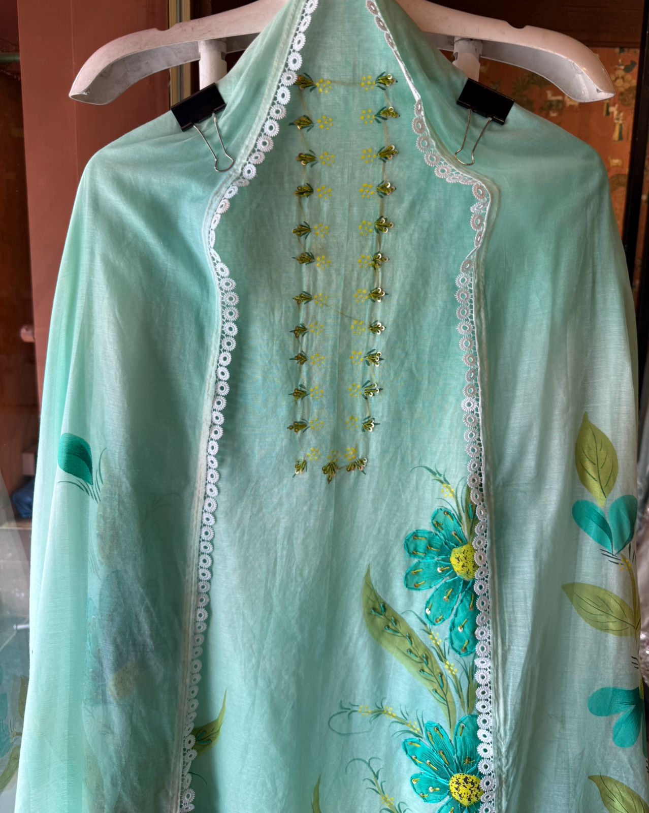 Hand-Painted Floral Mul cotton Suit