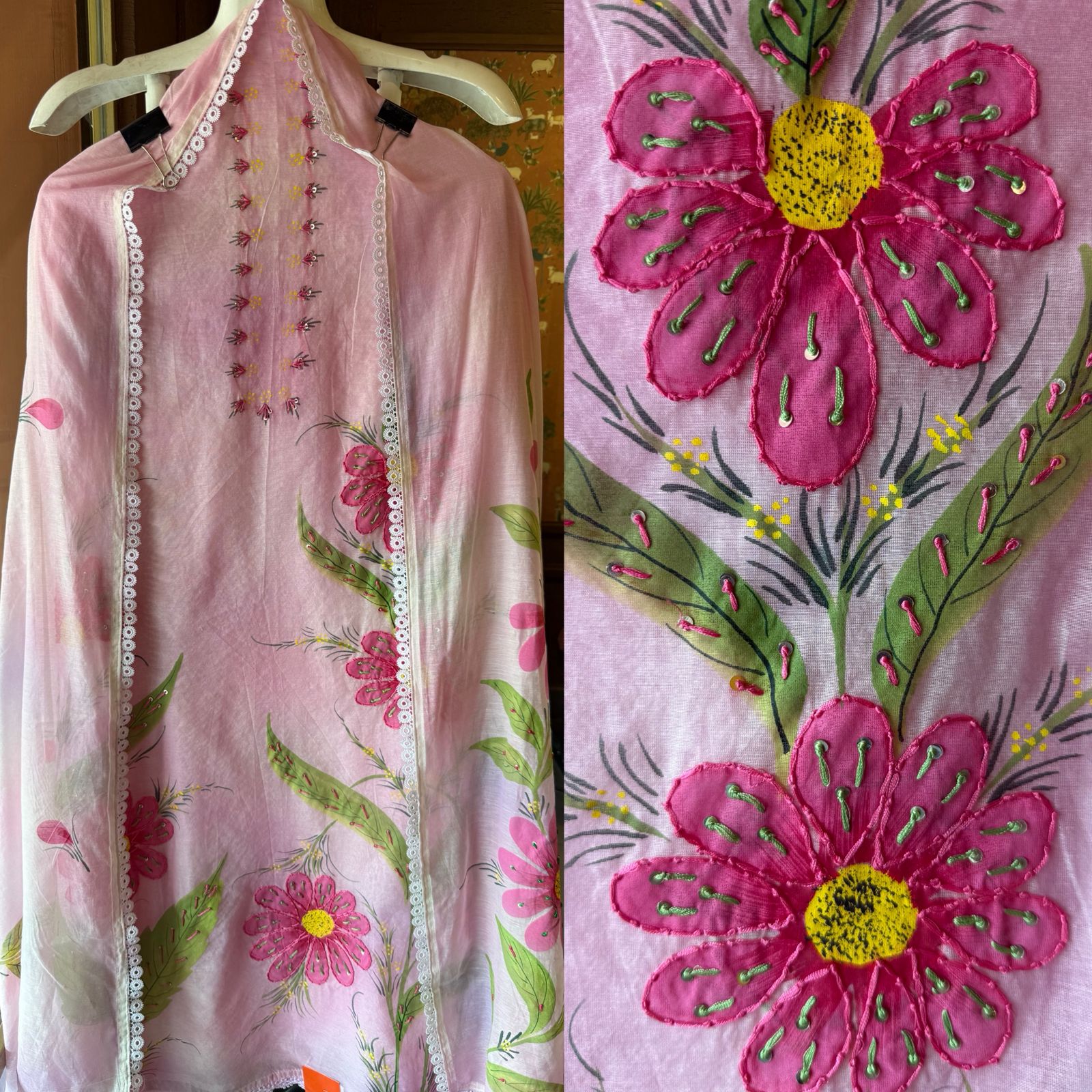 Hand-Painted Floral Mul cotton Suit
