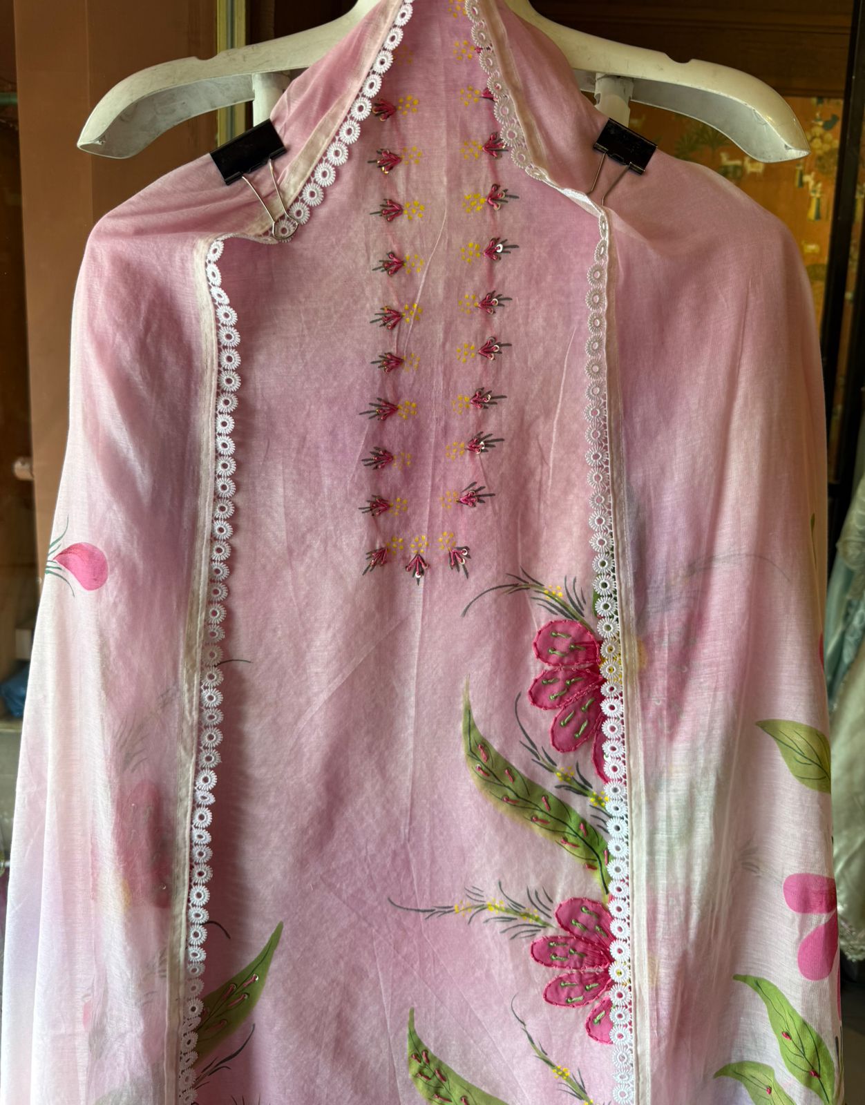 Hand-Painted Floral Mul cotton Suit