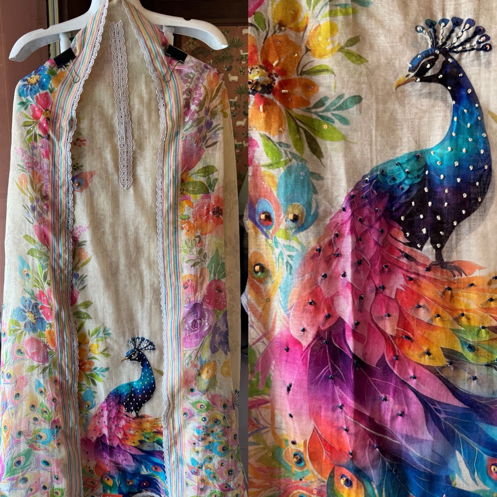 Pastel Floral Peacock Printed Dupatta