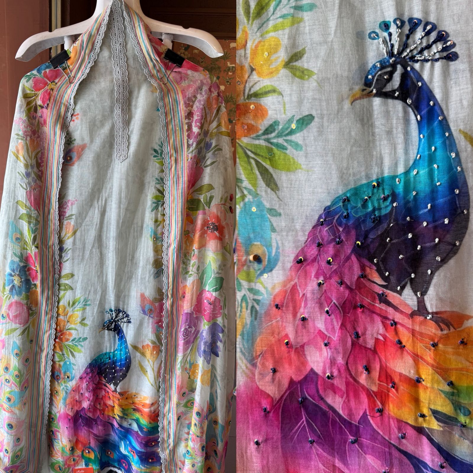 Pastel Floral Peacock Printed Dupatta