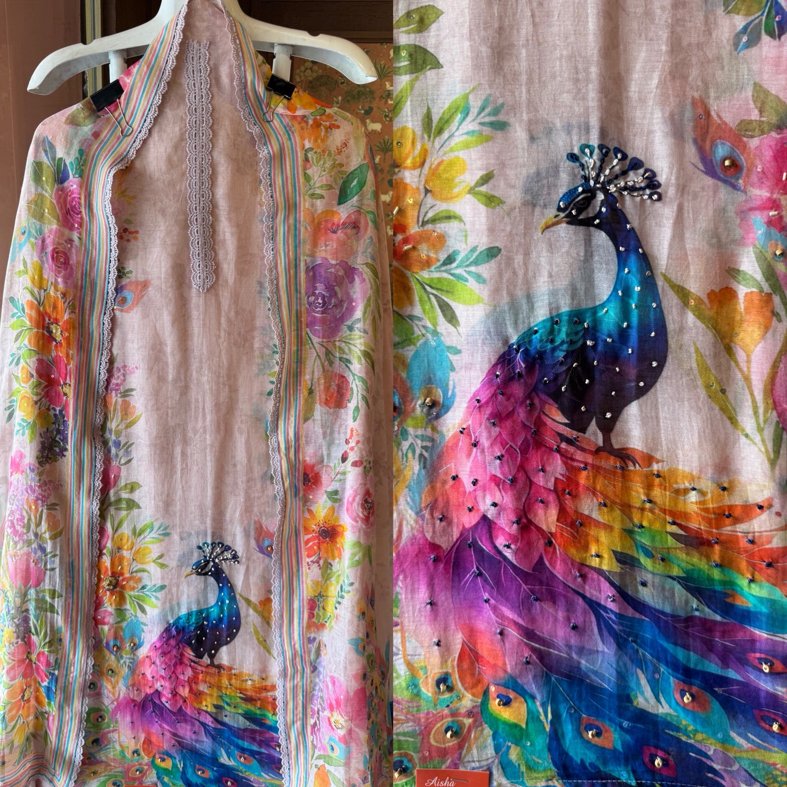 Pastel Floral Peacock Printed Dupatta
