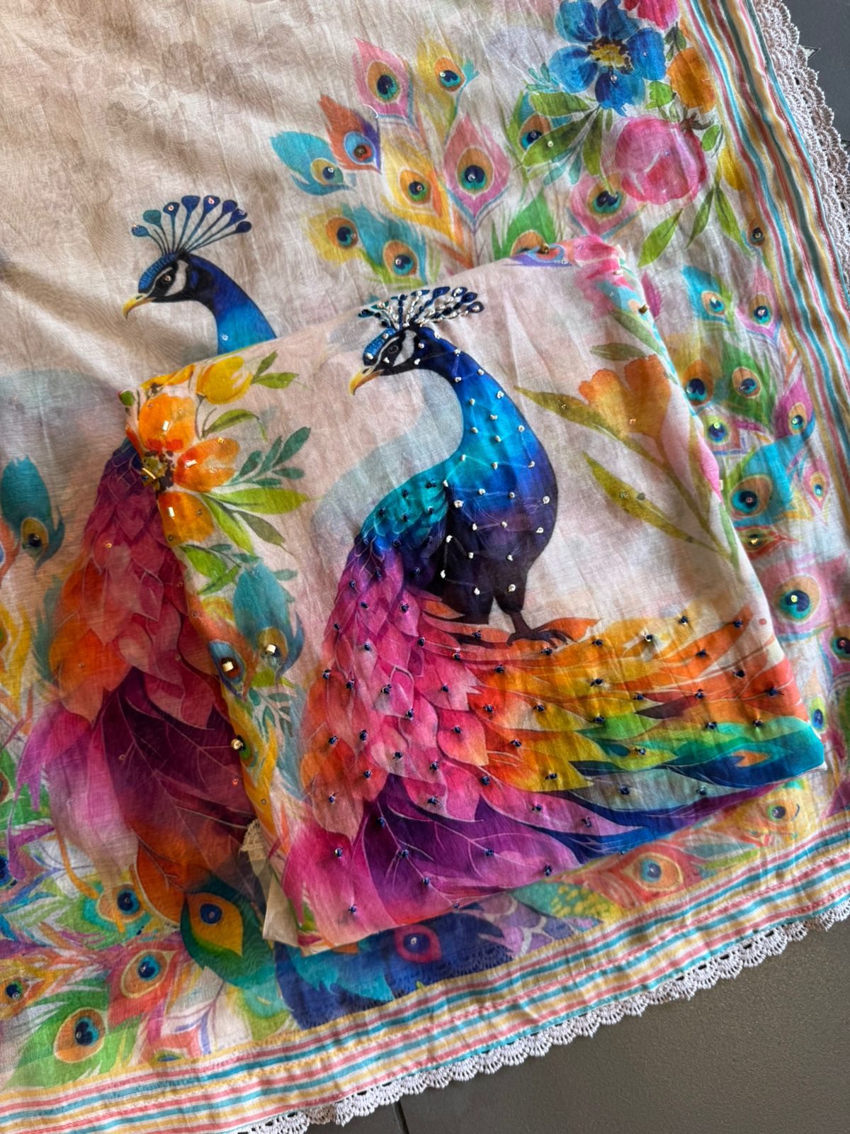 Pastel Floral Peacock Printed Dupatta