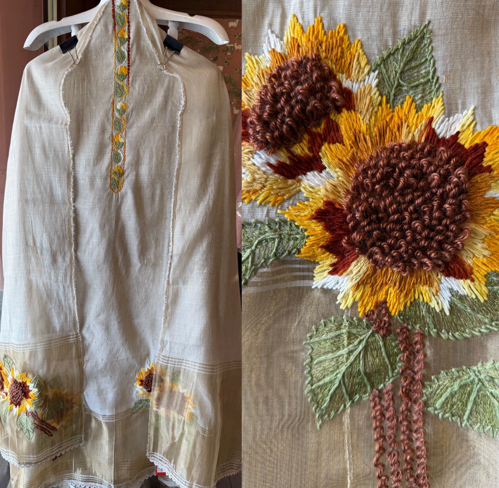 Ivory Hand-Embroidered Sunflower Unstitched Suit