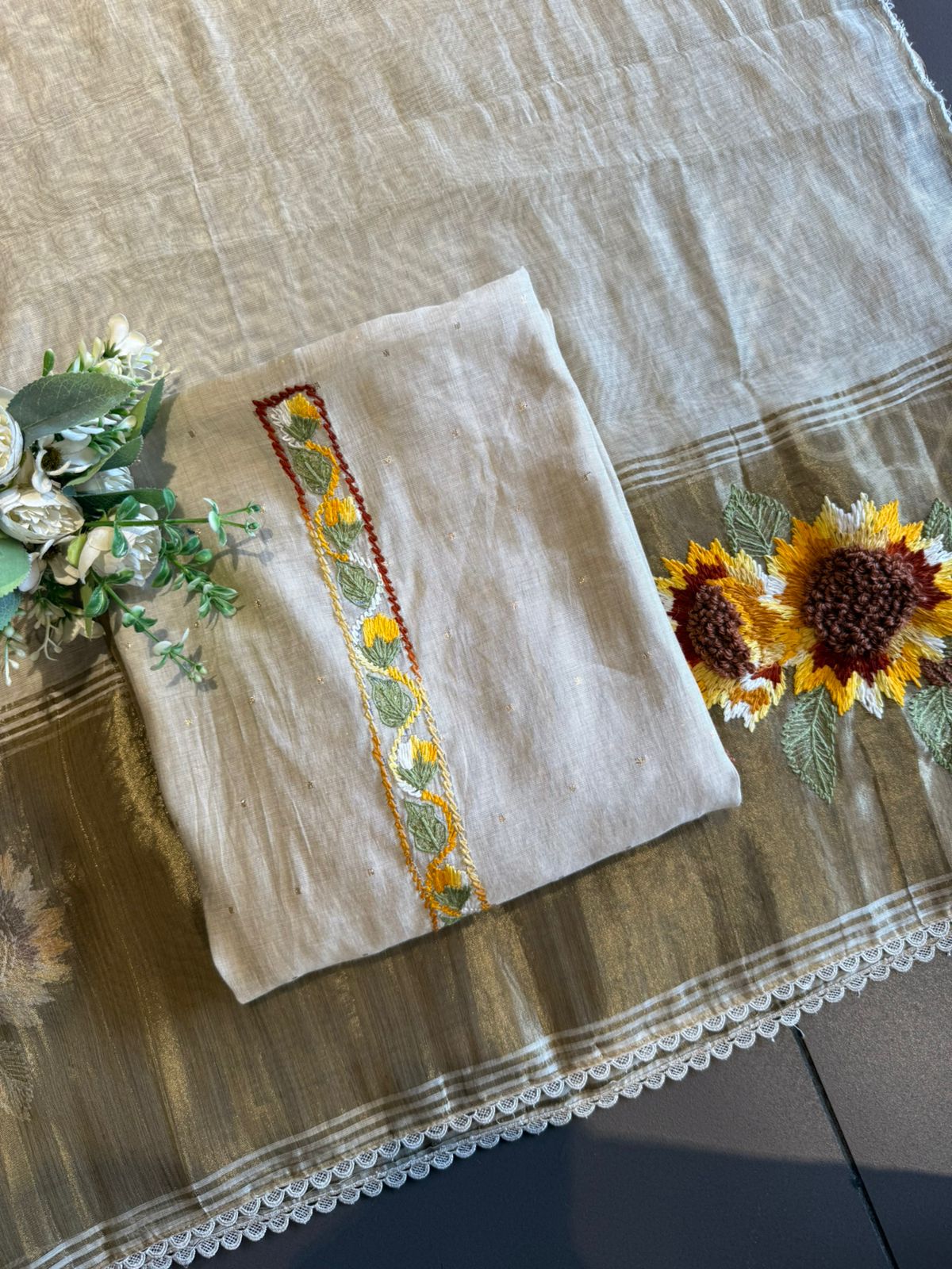 Ivory Hand-Embroidered Sunflower Unstitched Suit