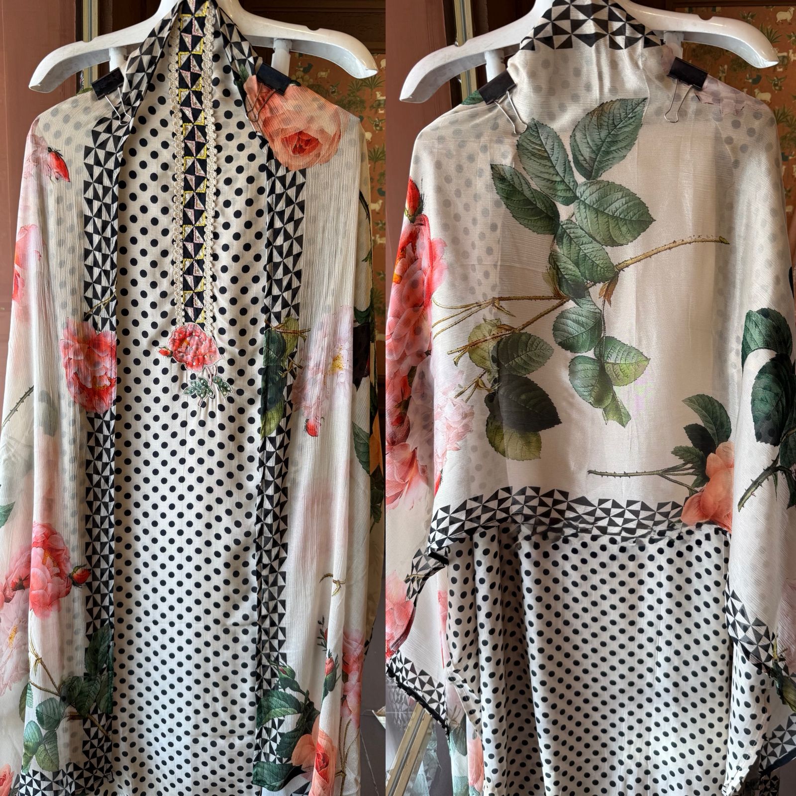 Elegant Floral & Polka Dot Printed Unstitched suit