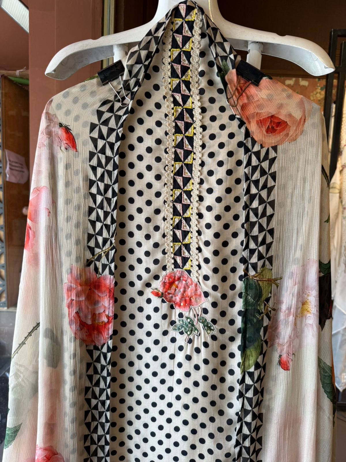 Elegant Floral & Polka Dot Printed Unstitched suit