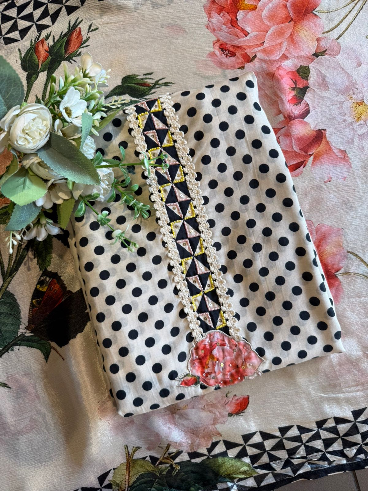 Elegant Floral & Polka Dot Printed Unstitched suit