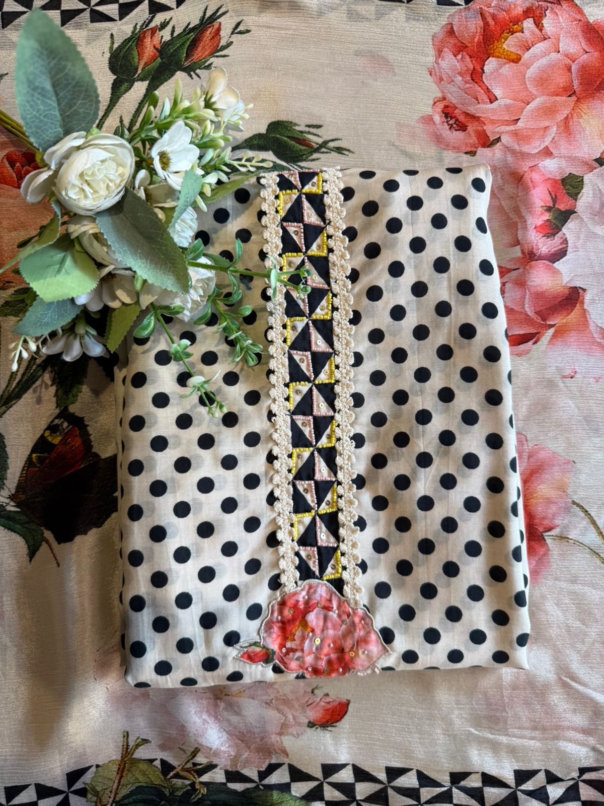 Elegant Floral & Polka Dot Printed Unstitched suit