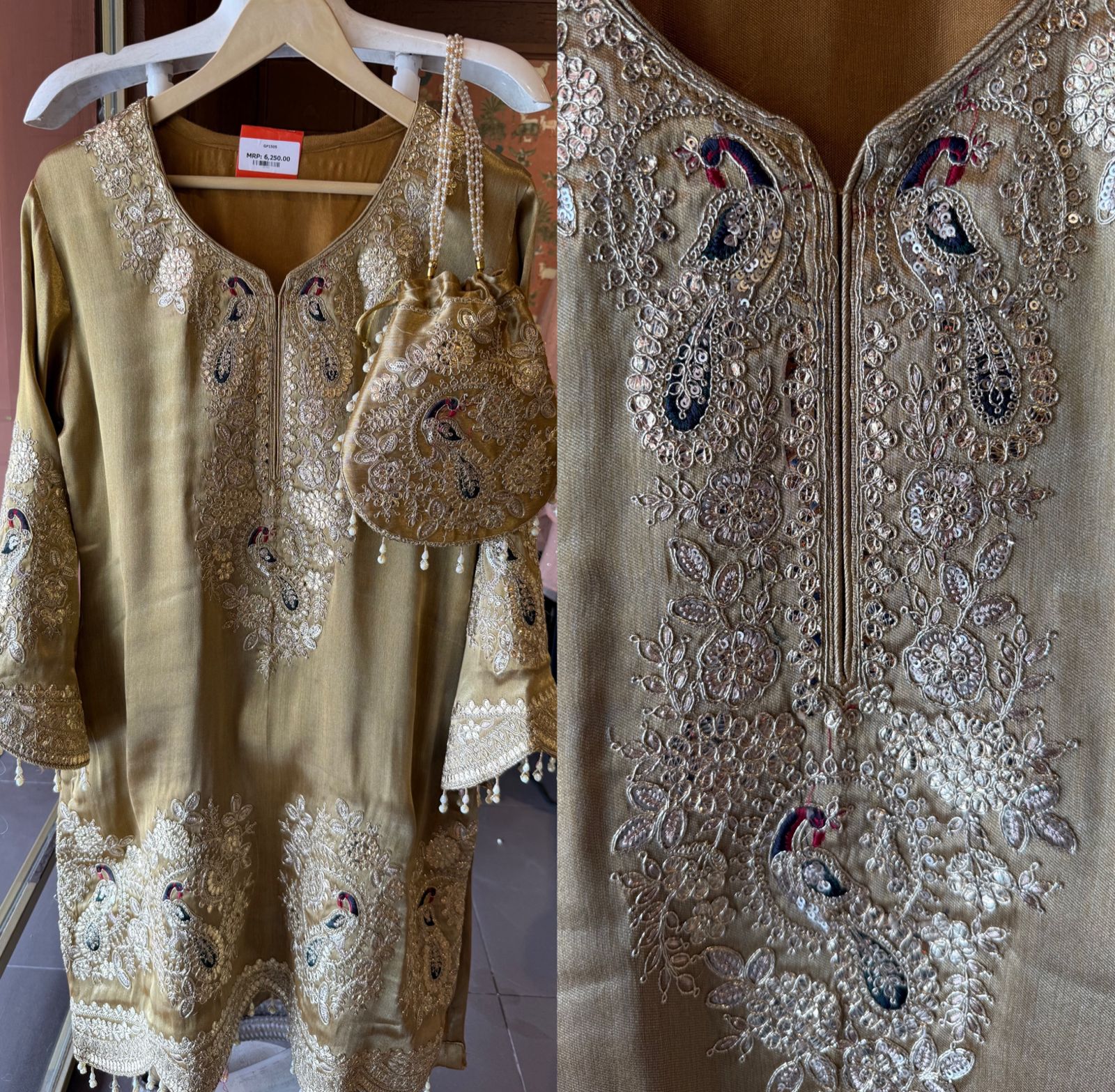 Royal Embroidered Kurta with Potli Bag