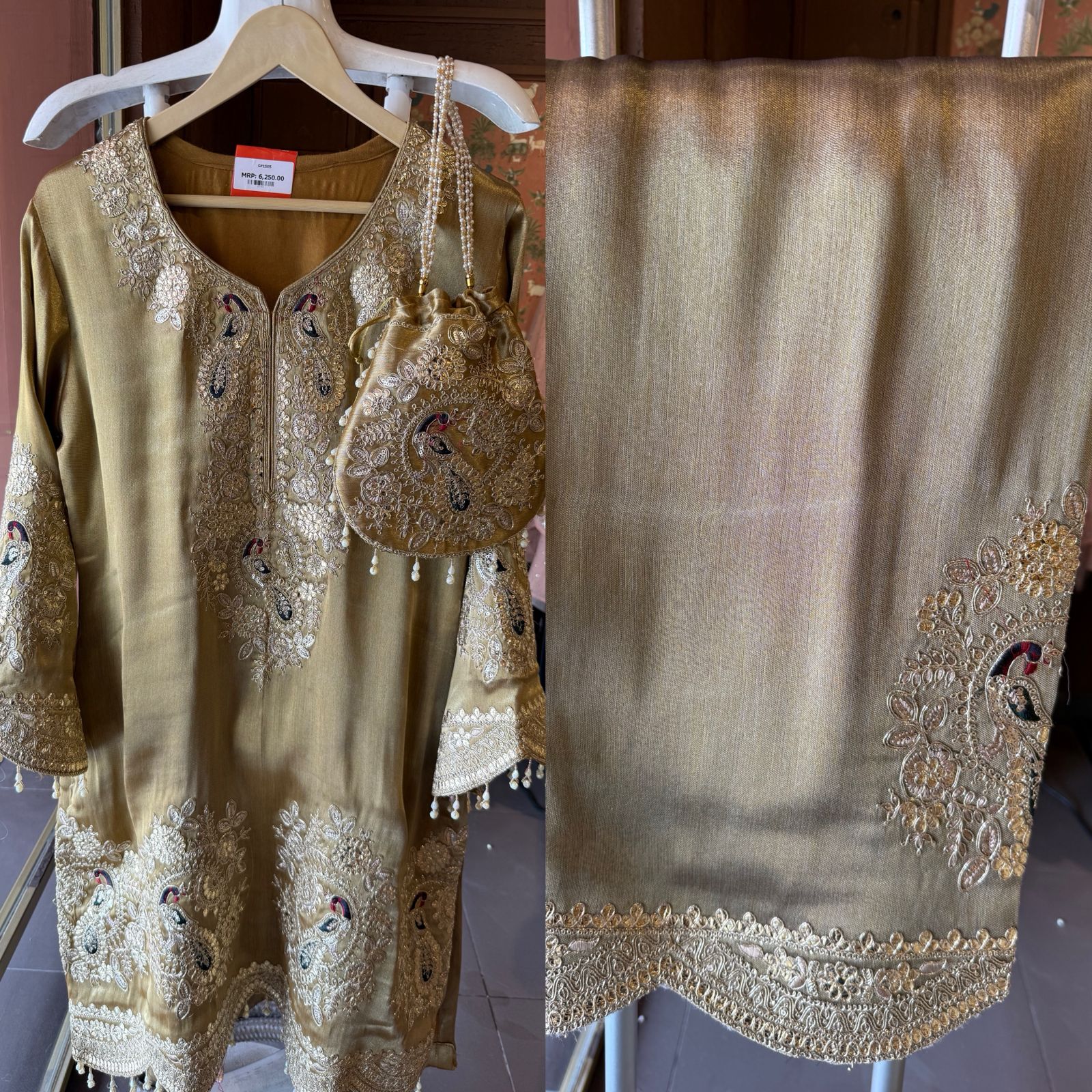 Royal Embroidered Kurta with Potli Bag