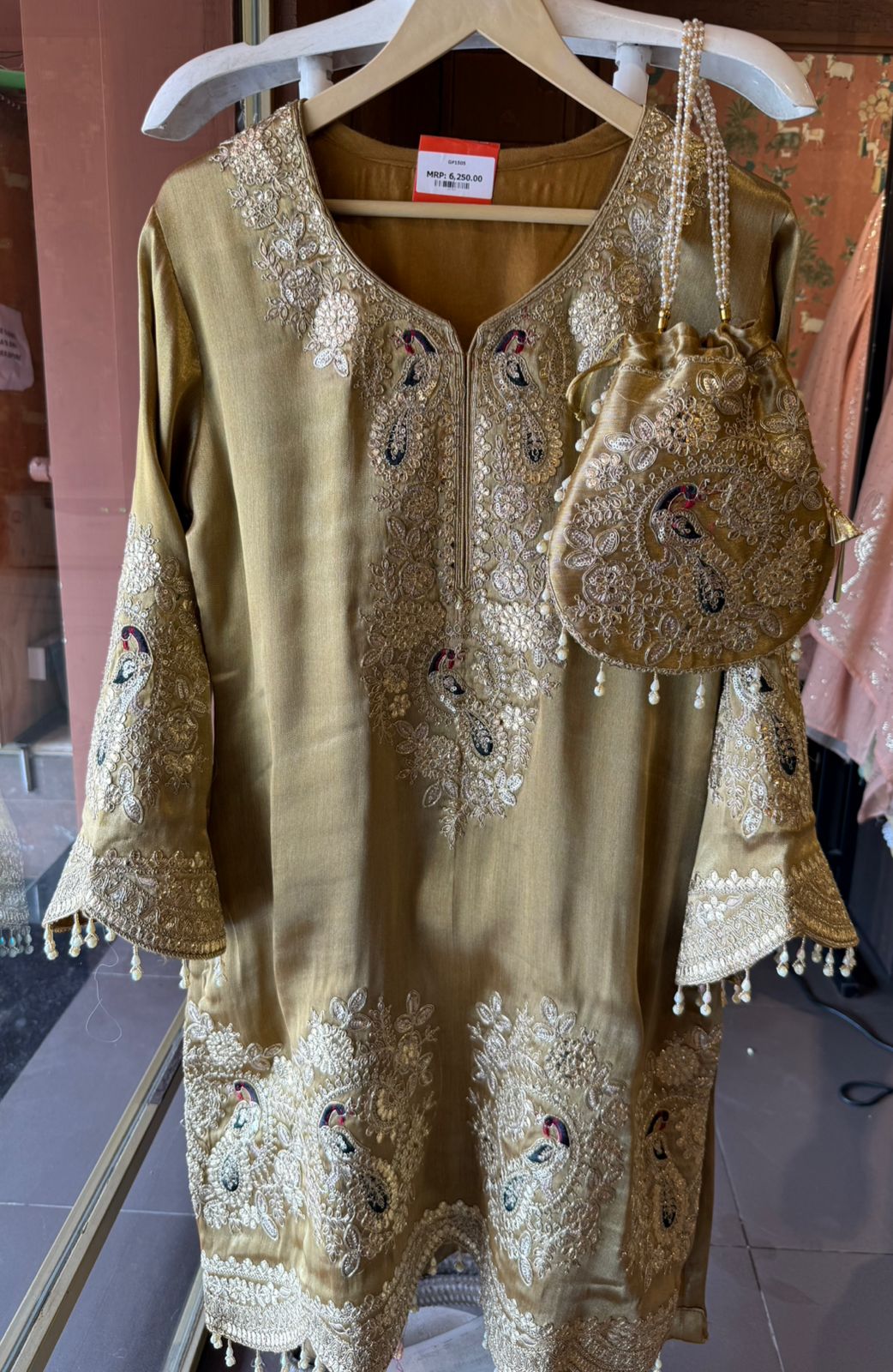 Royal Embroidered Kurta with Potli Bag