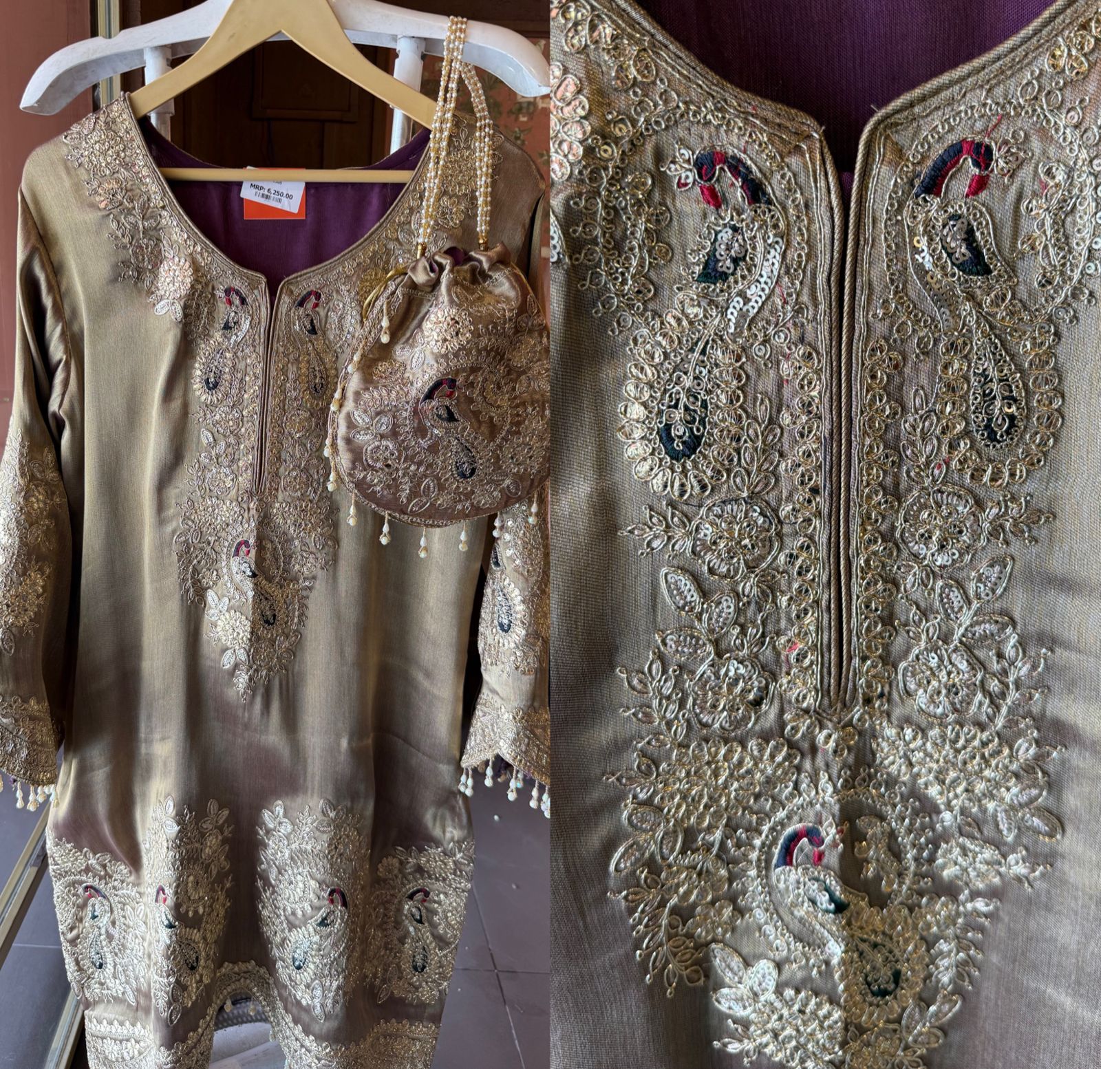 Royal Embroidered Kurta with Potli Bag