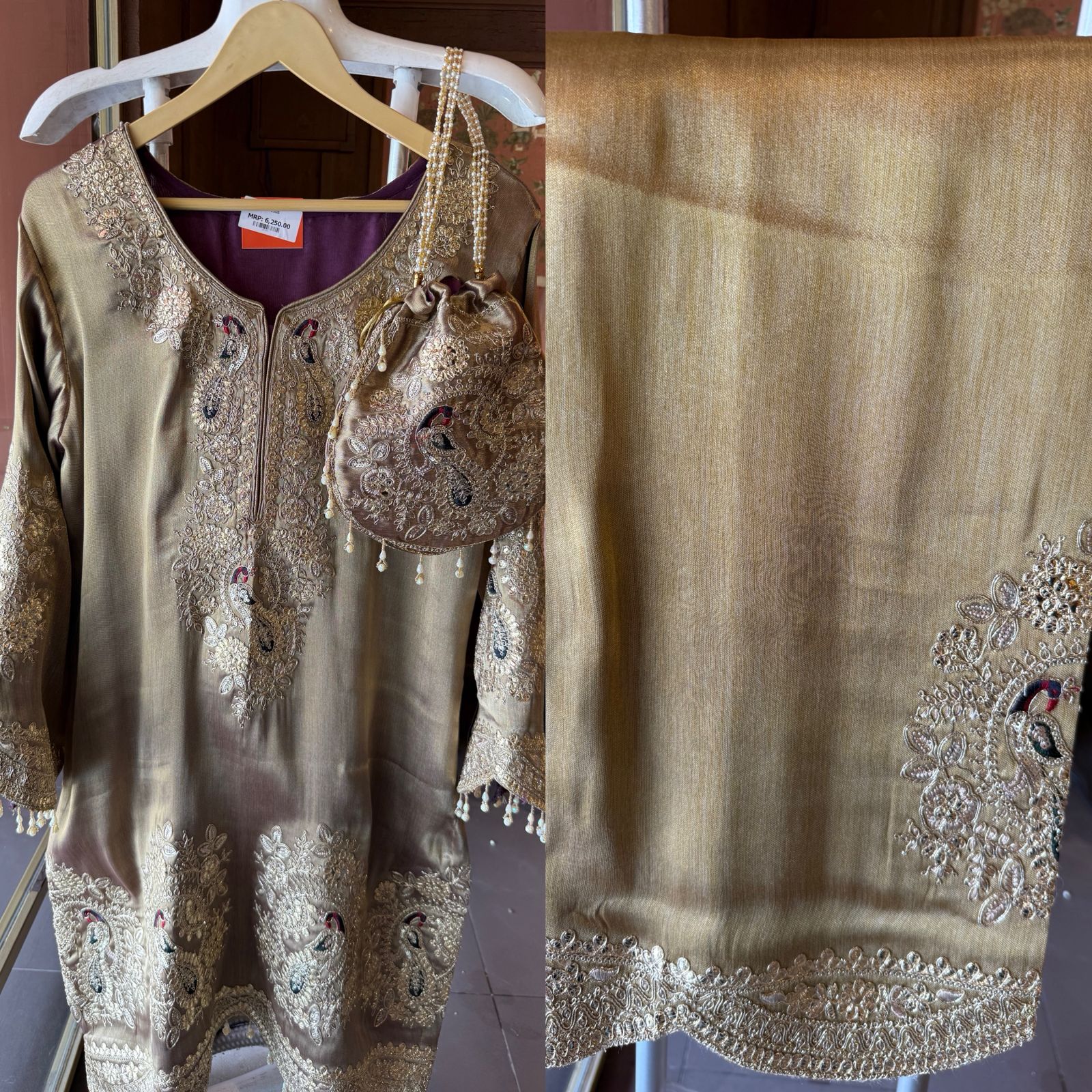 Royal Embroidered Kurta with Potli Bag