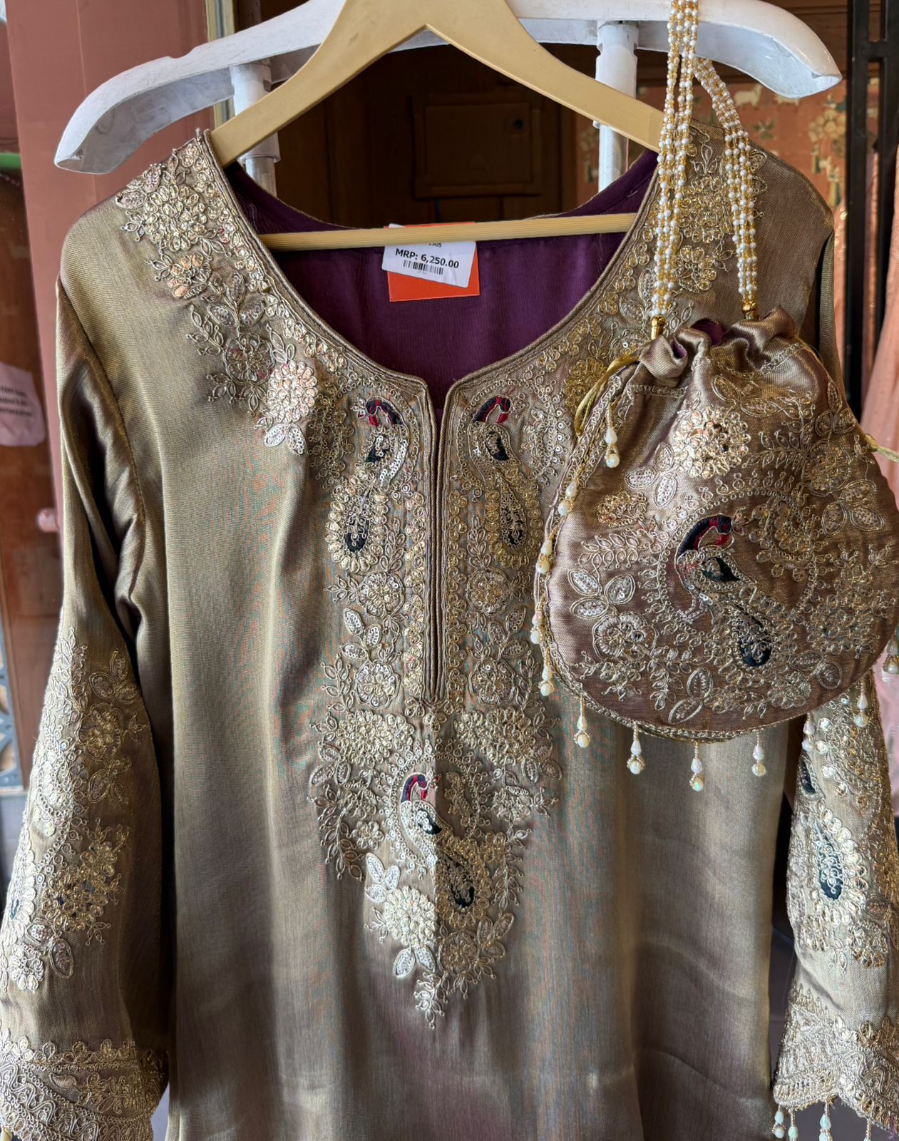 Royal Embroidered Kurta with Potli Bag