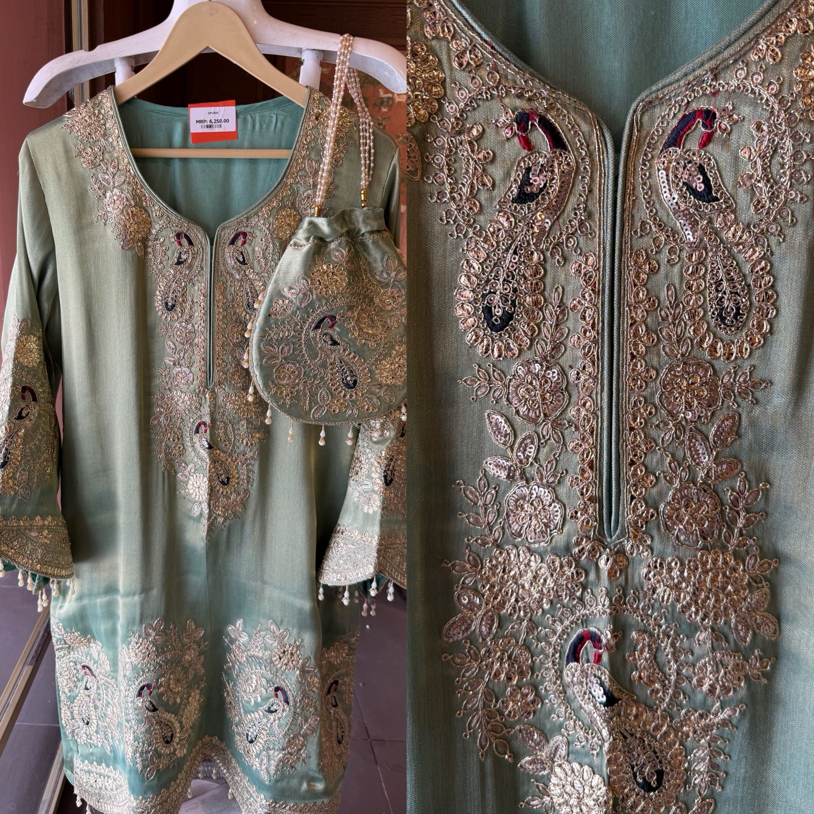Royal Embroidered Kurta with Potli Bag