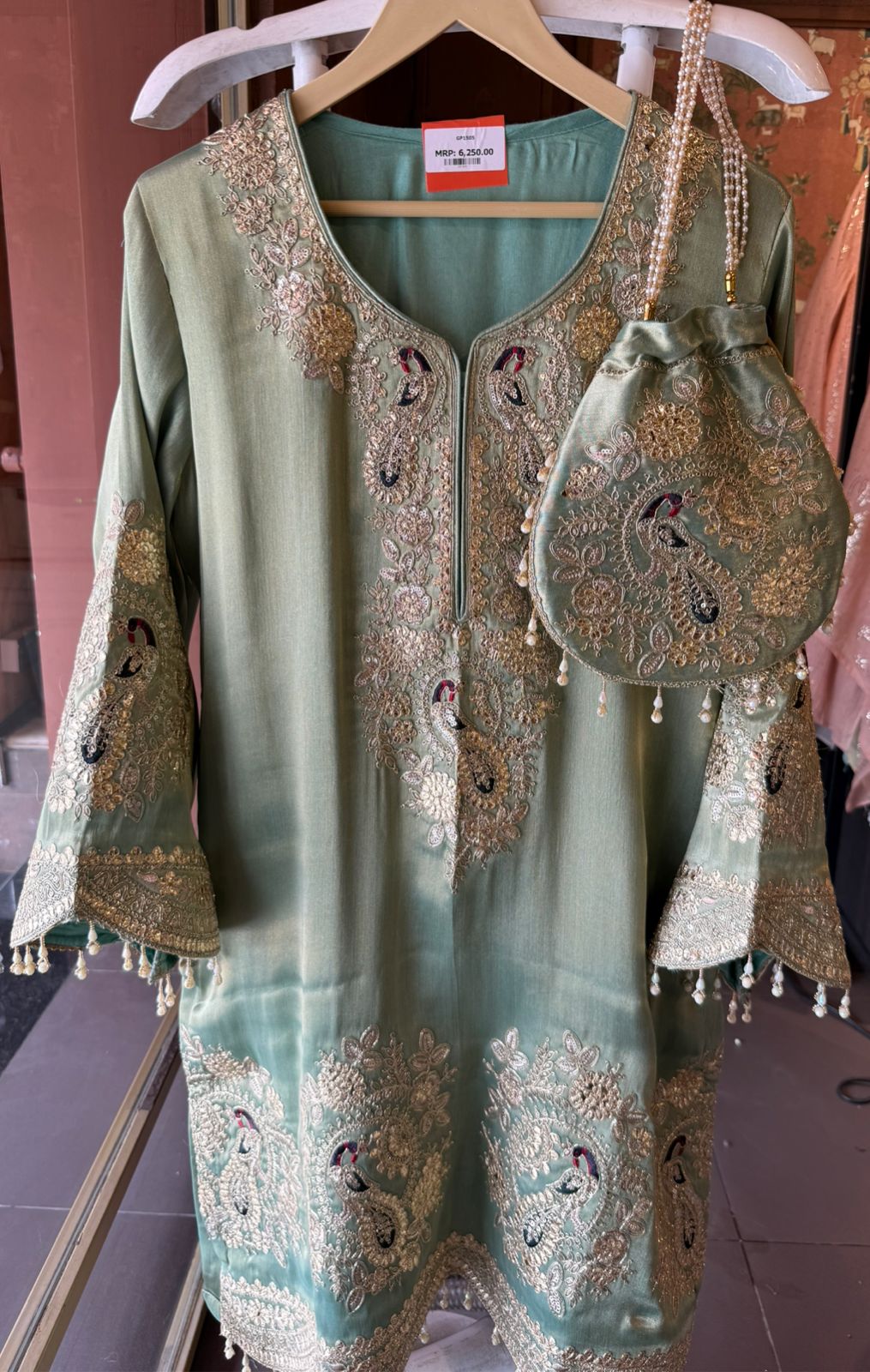 Royal Embroidered Kurta with Potli Bag