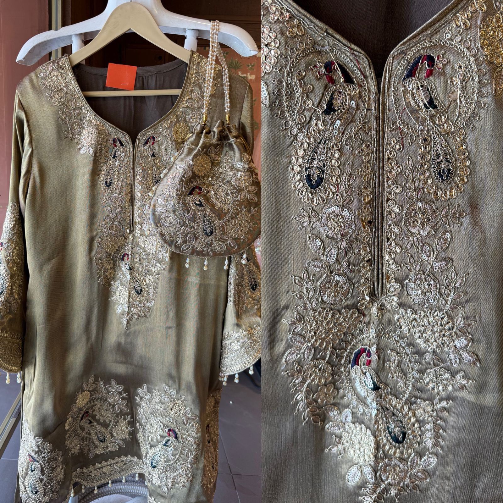 Royal Embroidered Kurta with Potli Bag