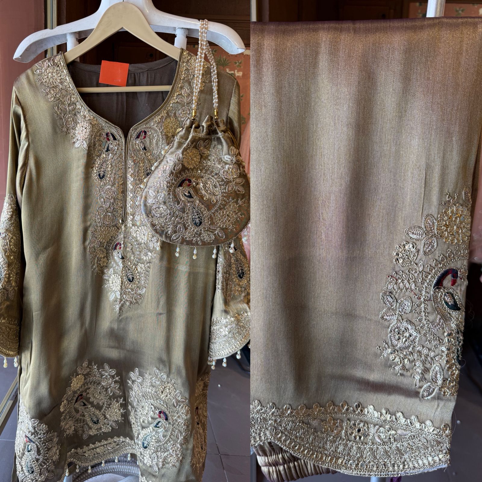 Royal Embroidered Kurta with Potli Bag