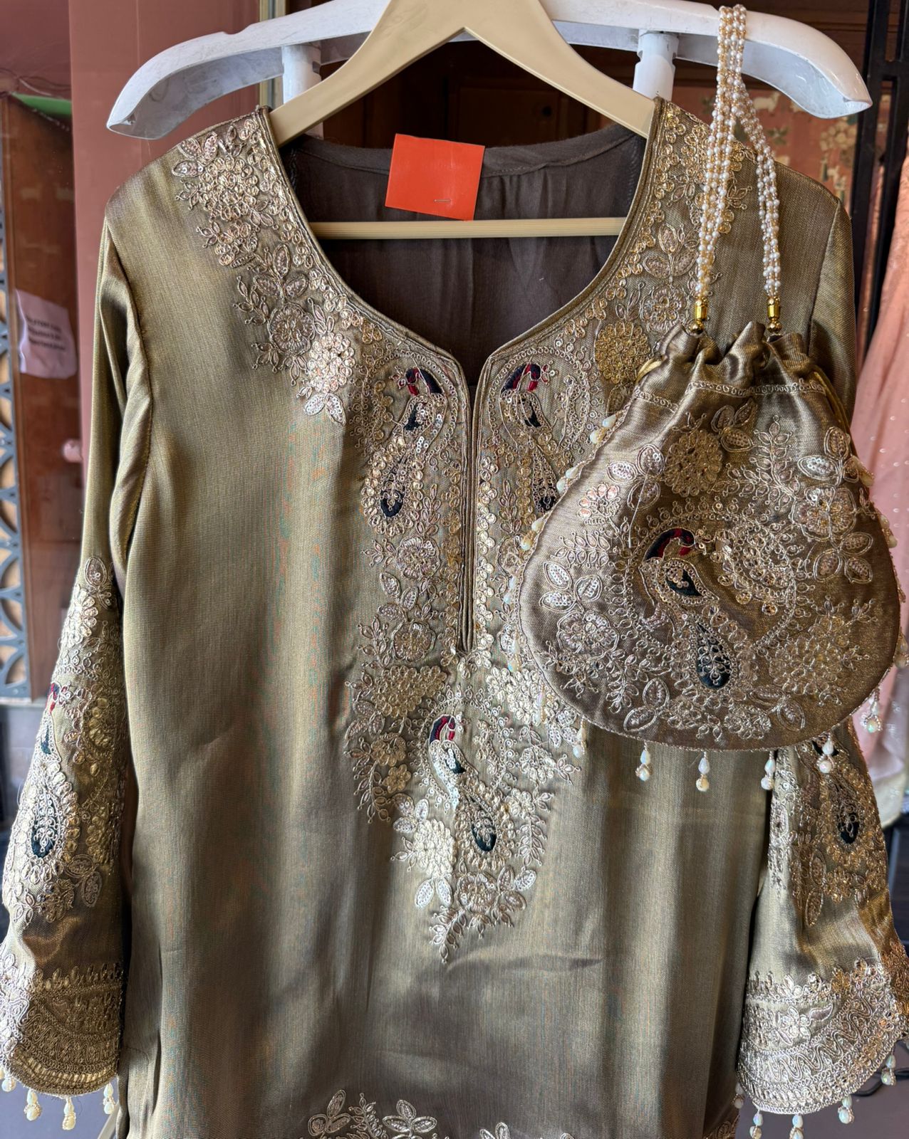 Royal Embroidered Kurta with Potli Bag