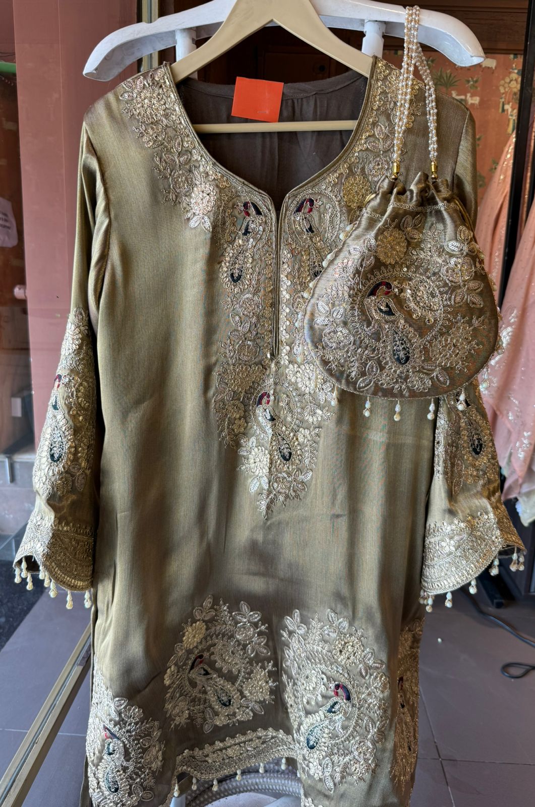 Royal Embroidered Kurta with Potli Bag