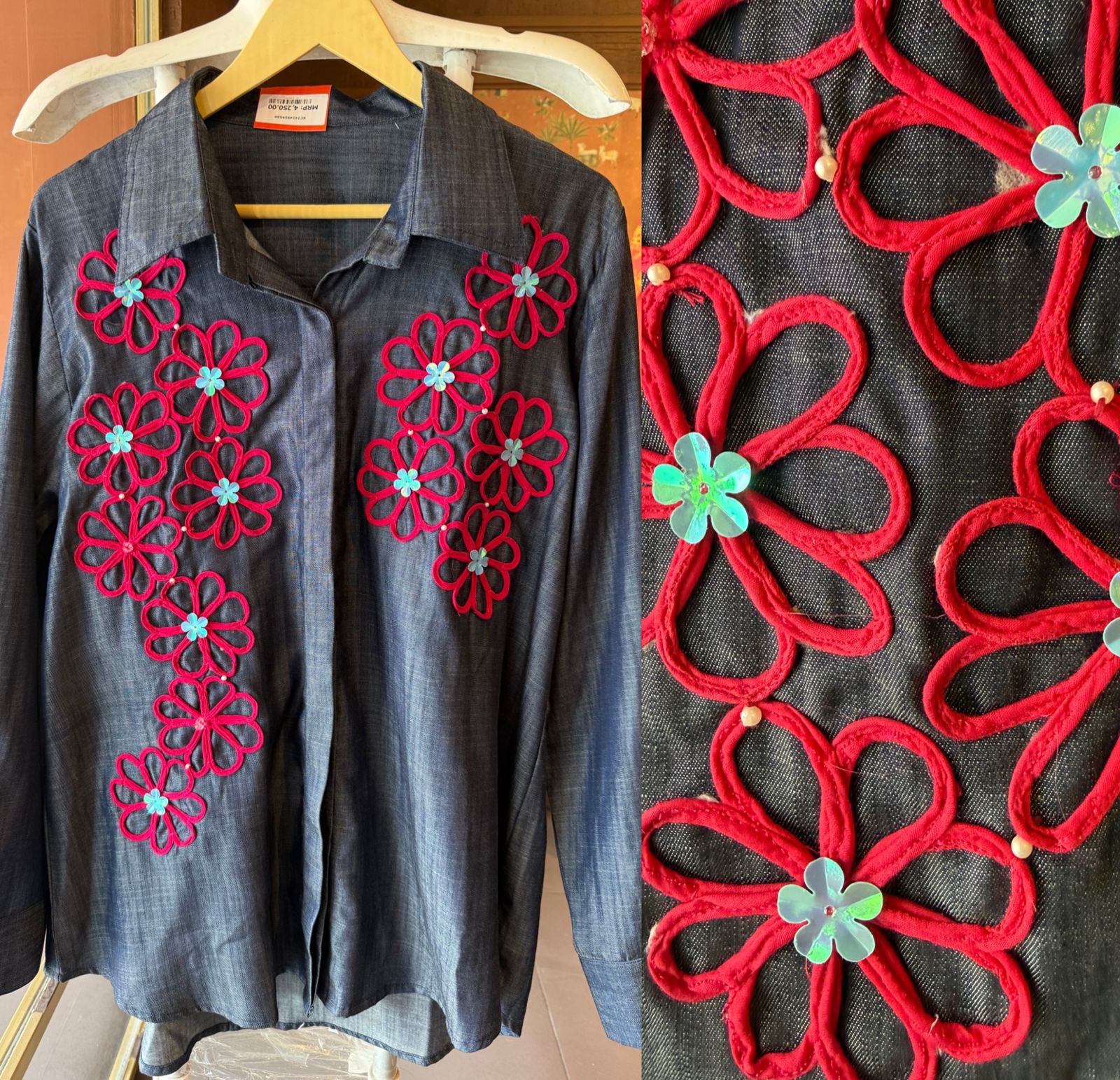 Silk Denim Coord set with Floral Cord Appliqué Work