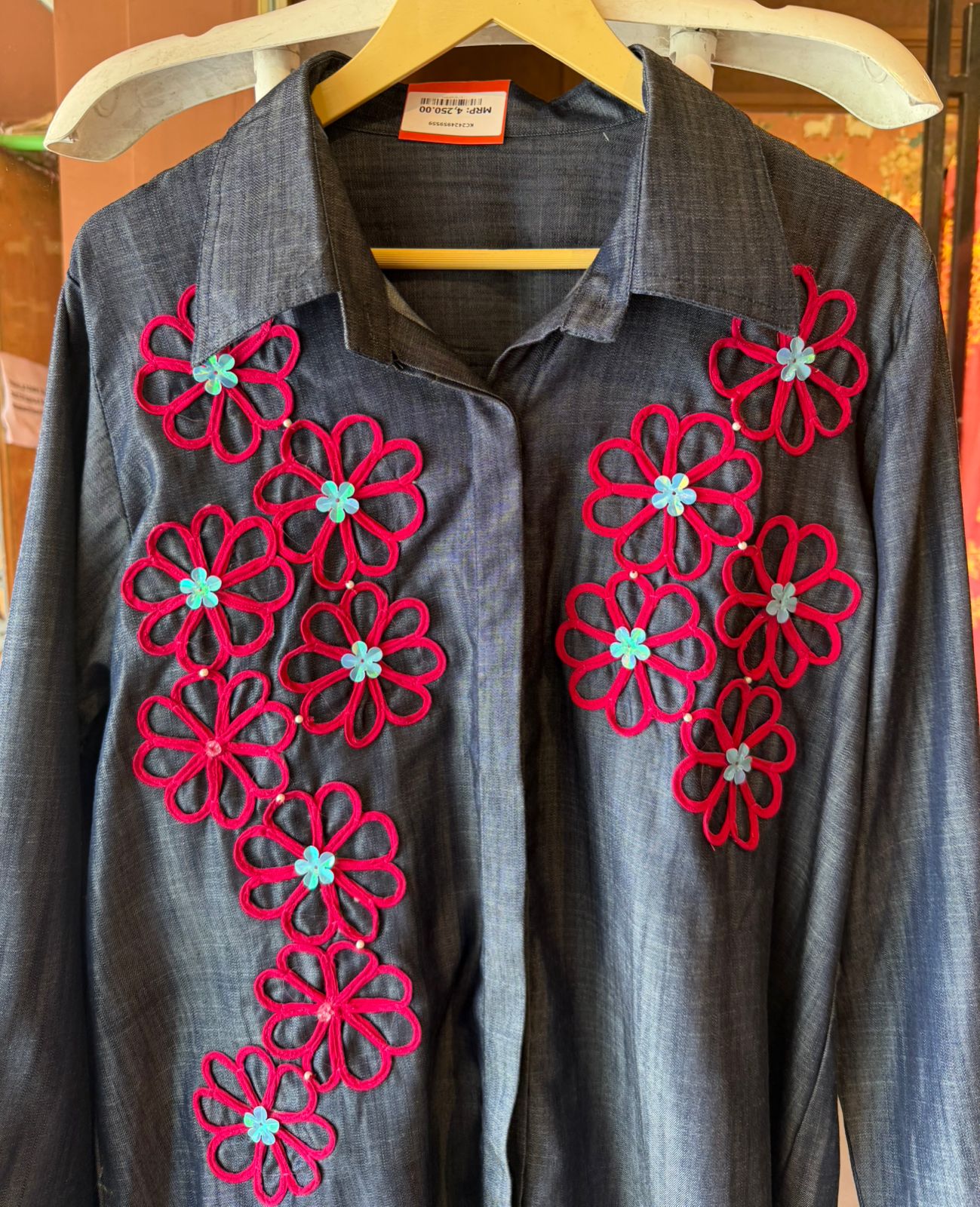 Silk Denim Coord set with Floral Cord Appliqué Work