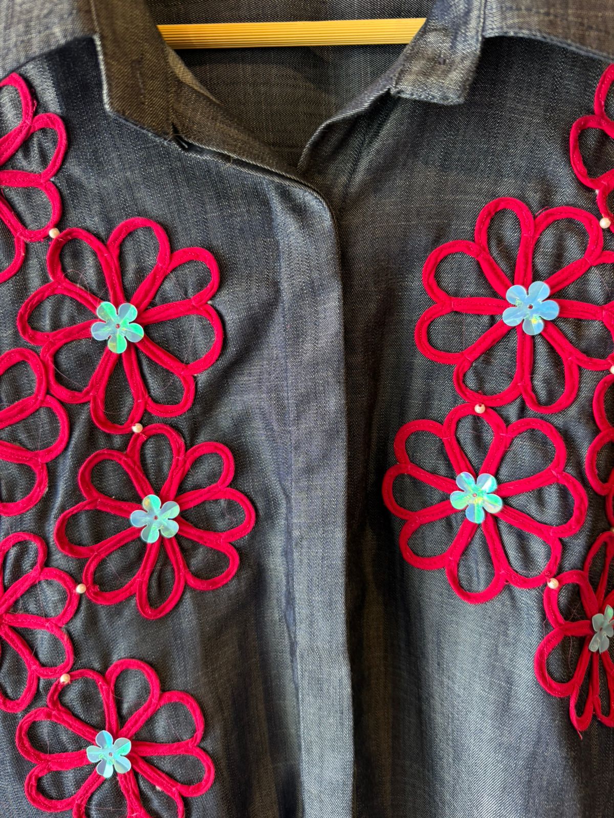 Silk Denim Coord set with Floral Cord Appliqué Work