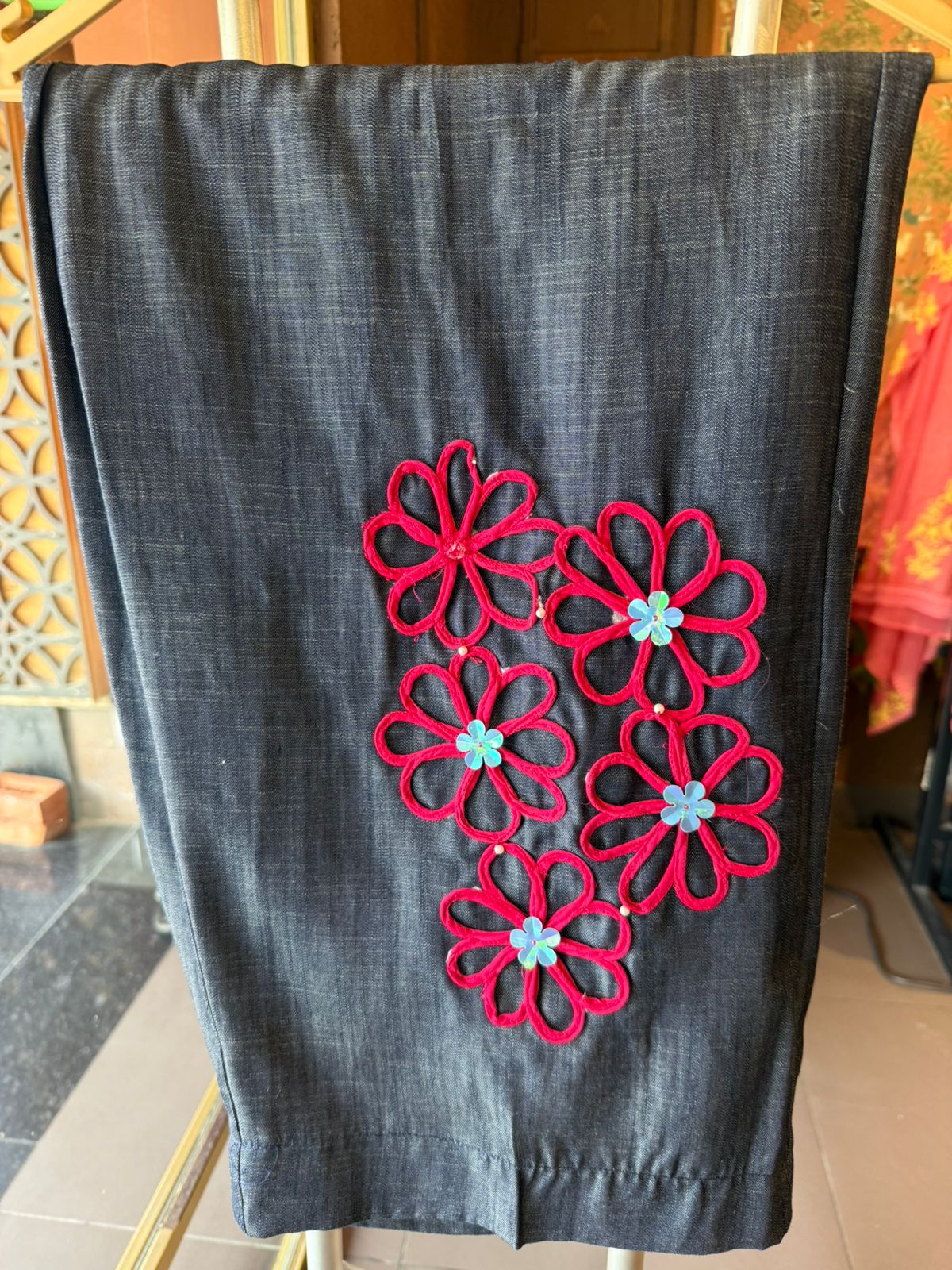 Silk Denim Coord set with Floral Cord Appliqué Work