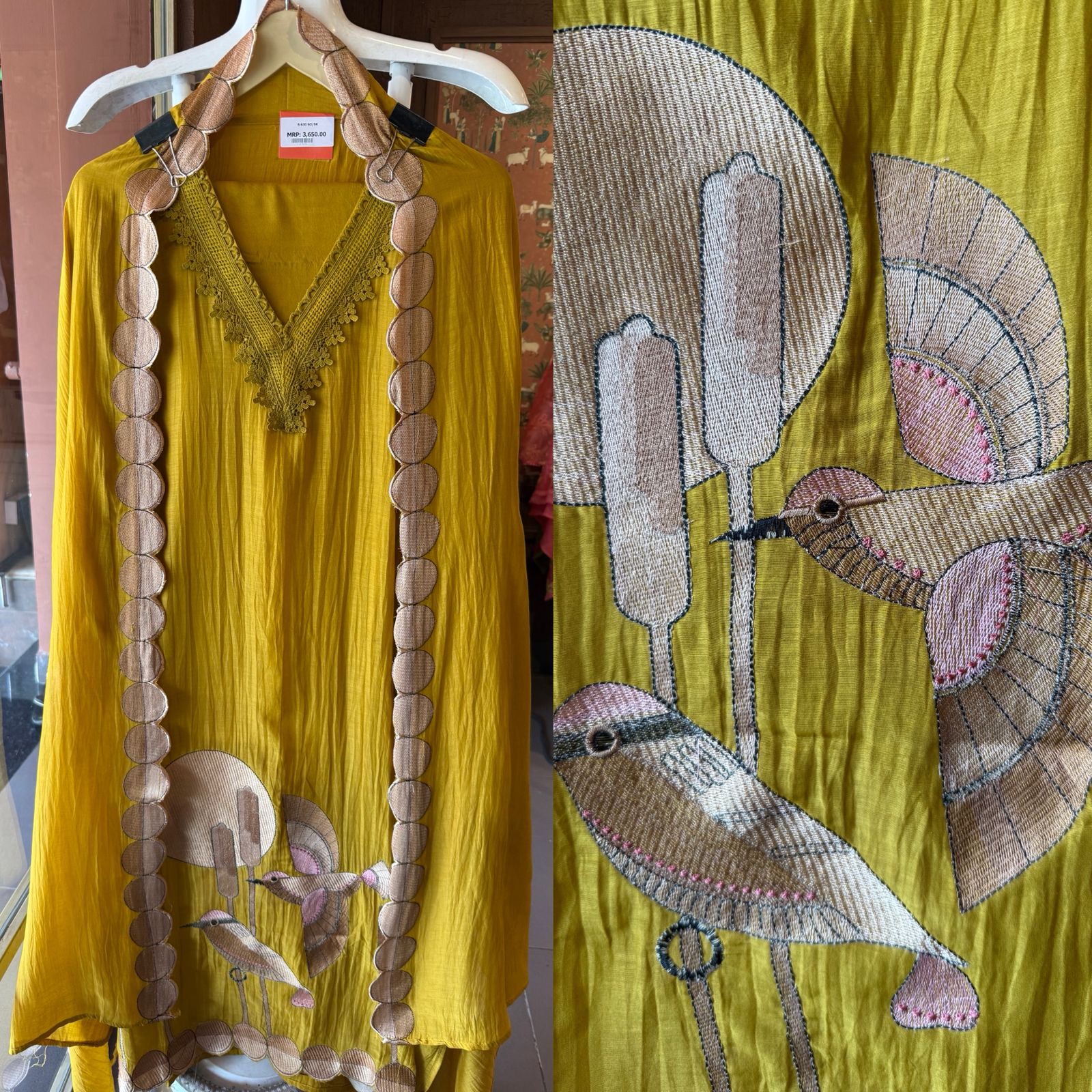 Beautiful unstitched Suit with Bird Motif Appliqué & Textured Detailing