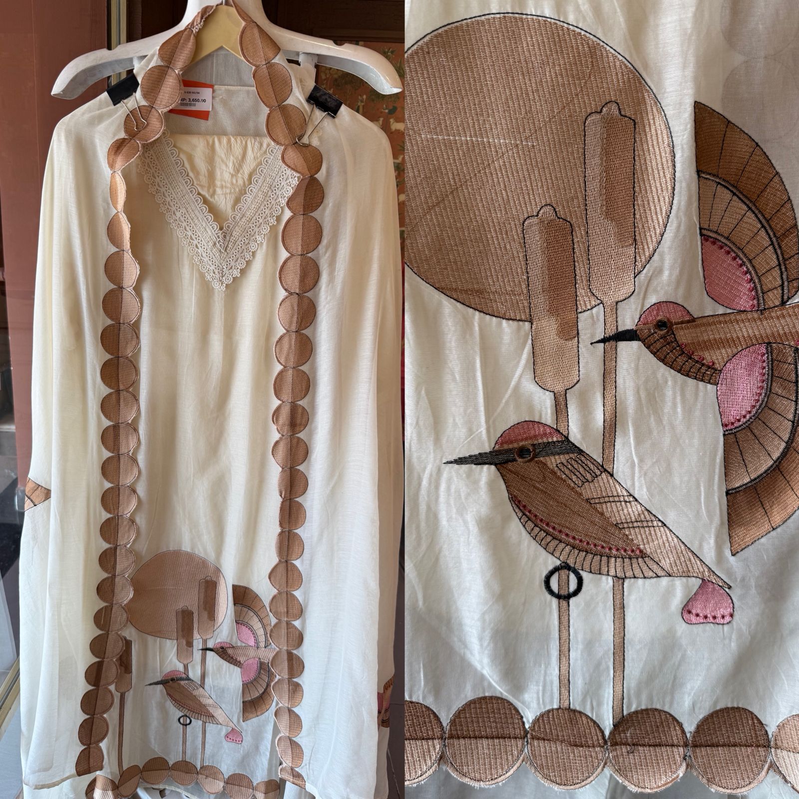 Beautiful unstitched Suit with Bird Motif Appliqué & Textured Detailing