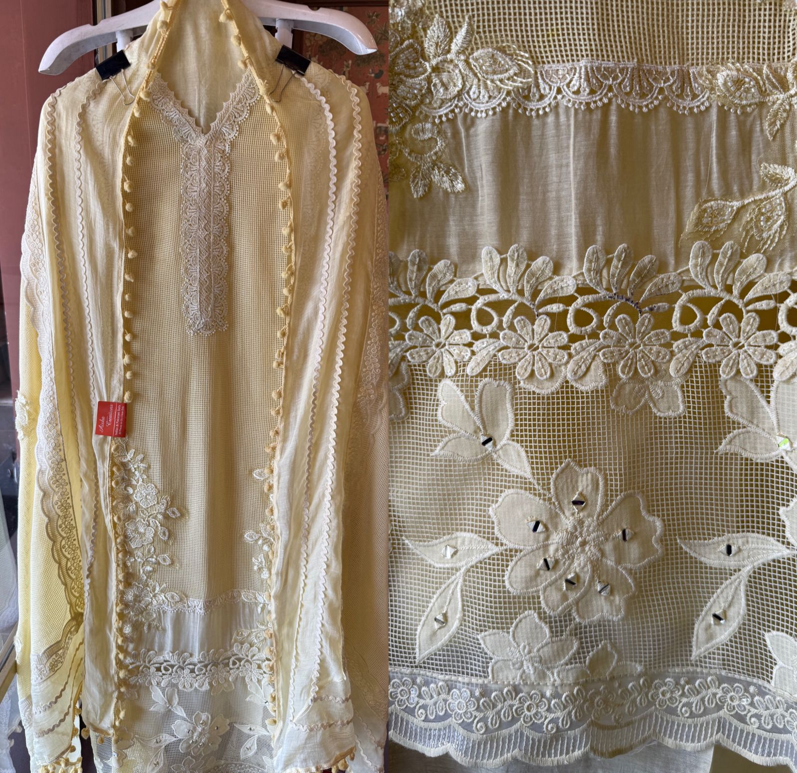 Elegant Pastel  Embroidered Suit Set with Lace Dupatta