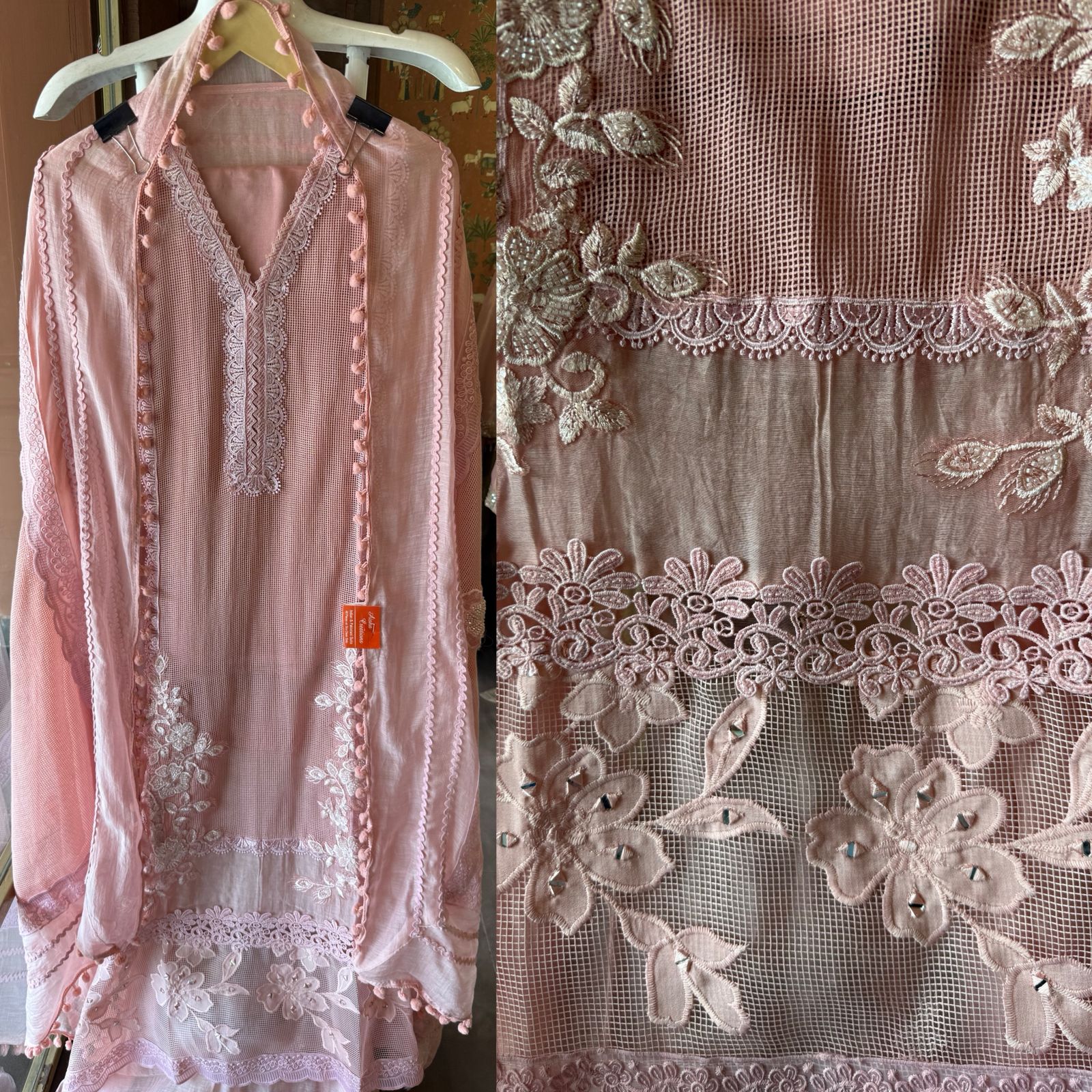 Elegant Pastel  Embroidered Suit Set with Lace Dupatta