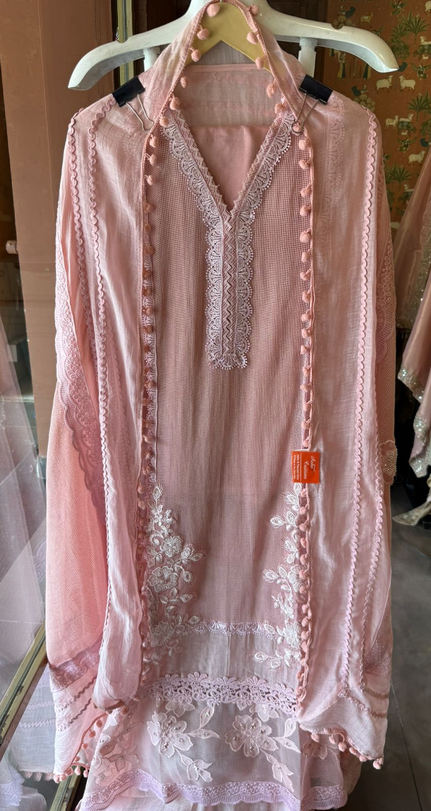 Elegant Pastel  Embroidered Suit Set with Lace Dupatta