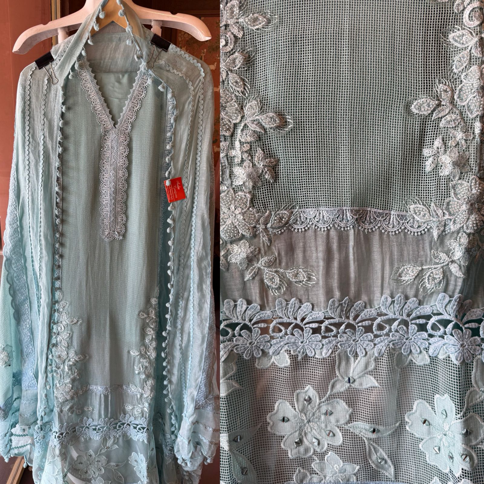 Elegant Pastel  Embroidered Suit Set with Lace Dupatta